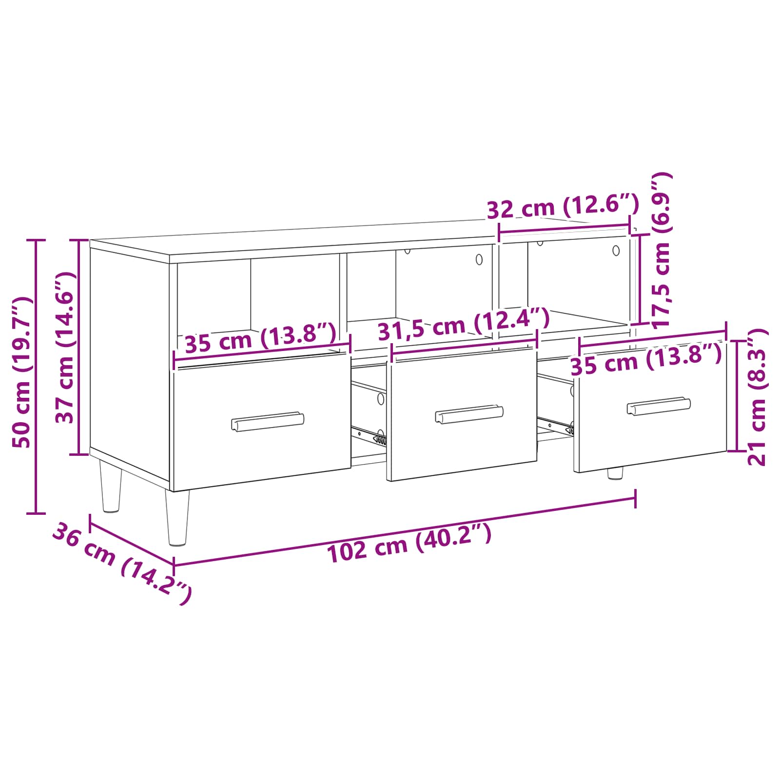 TV-Schränk Schwarz Eichen-Optik 102 x 36 x 50 cm Holzwerkstoff