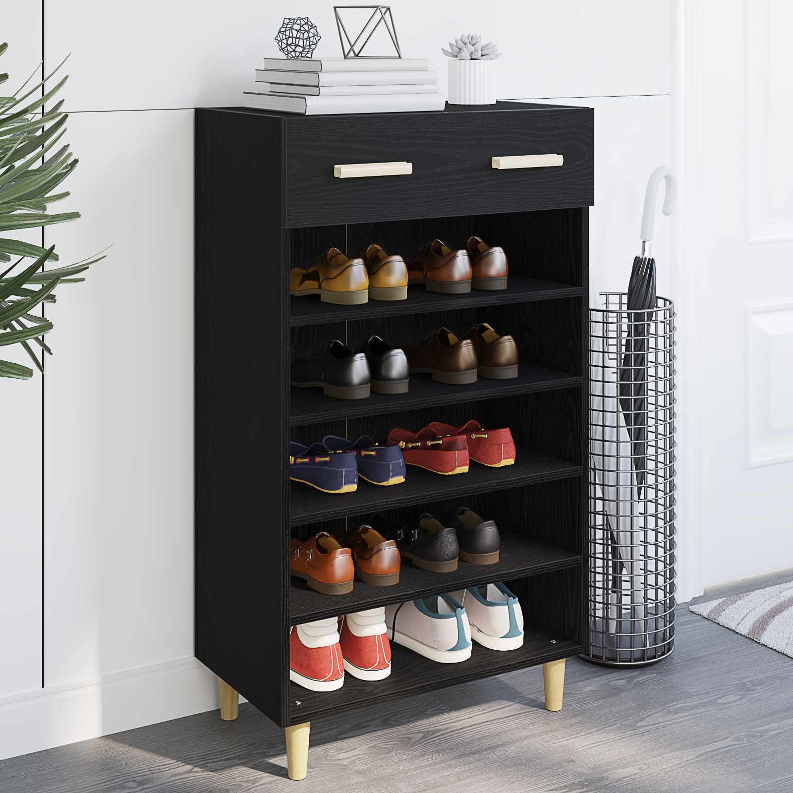 Schuhschrank mit Regal Schwarz Eichen-Optik 60 x 35 x 105 cm