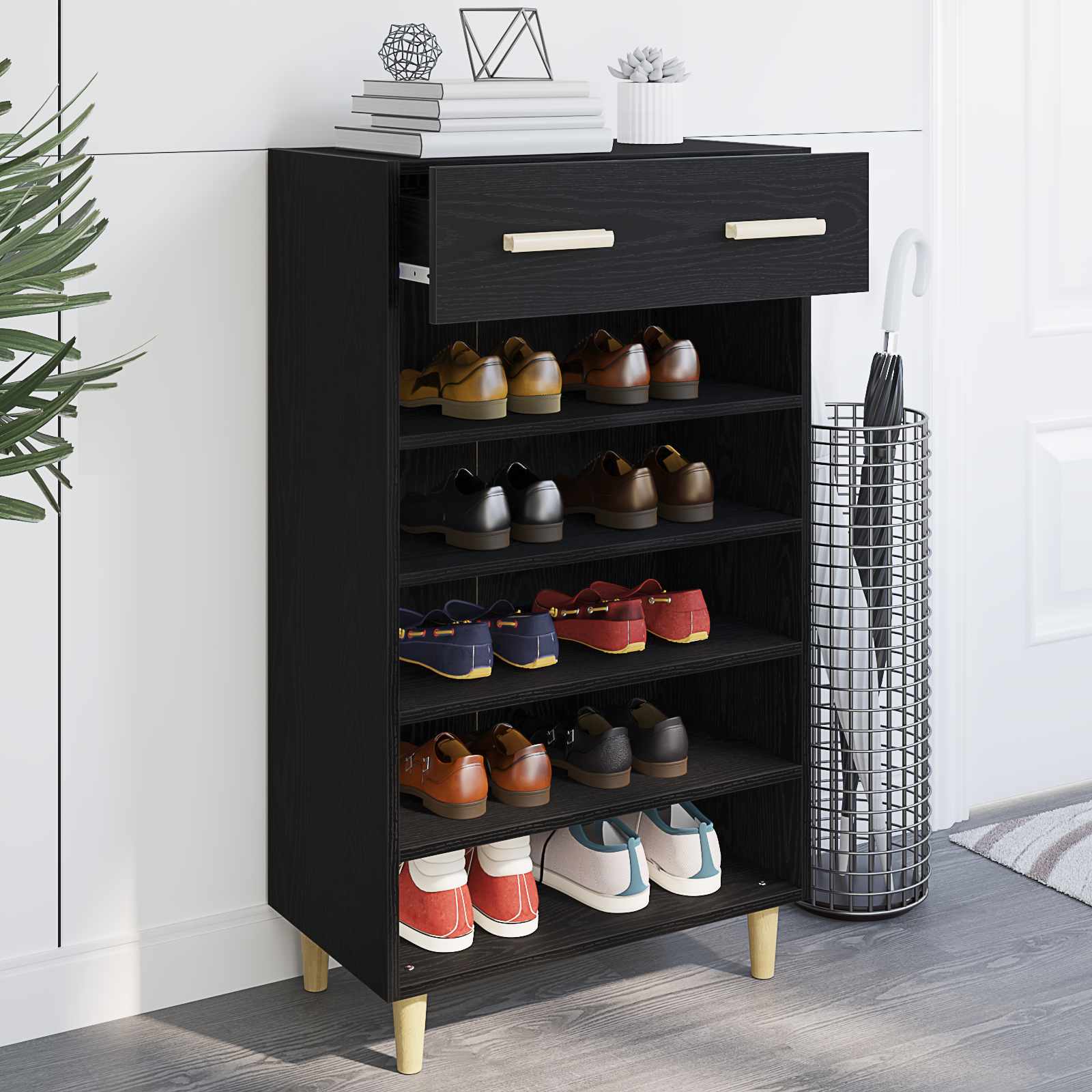 Schuhschrank mit Regal Schwarz Eichen-Optik 60 x 35 x 105 cm