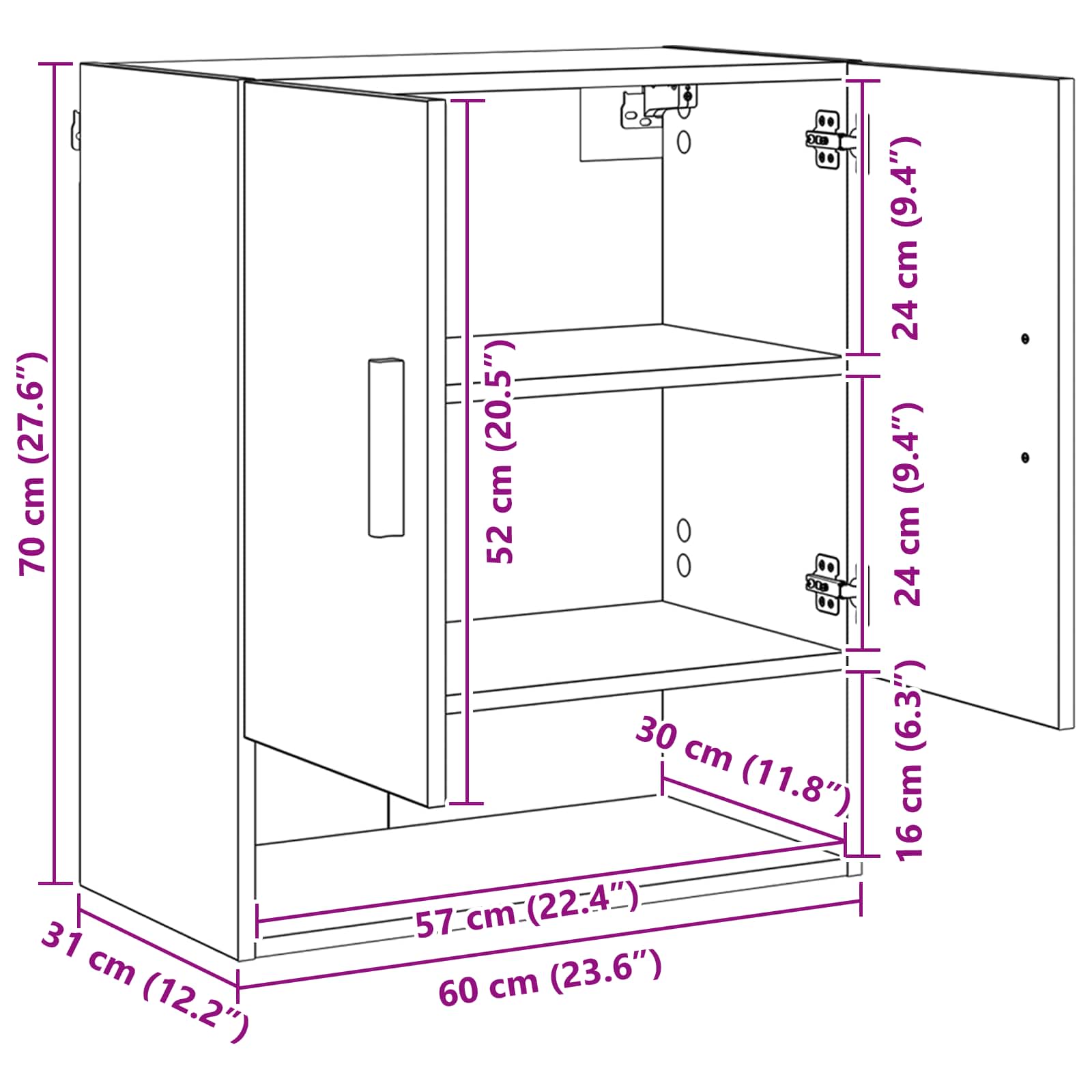 Wandschrank Schwarz Eichen-Optik 60 x 31 x 70 cm Holzwerkstoff