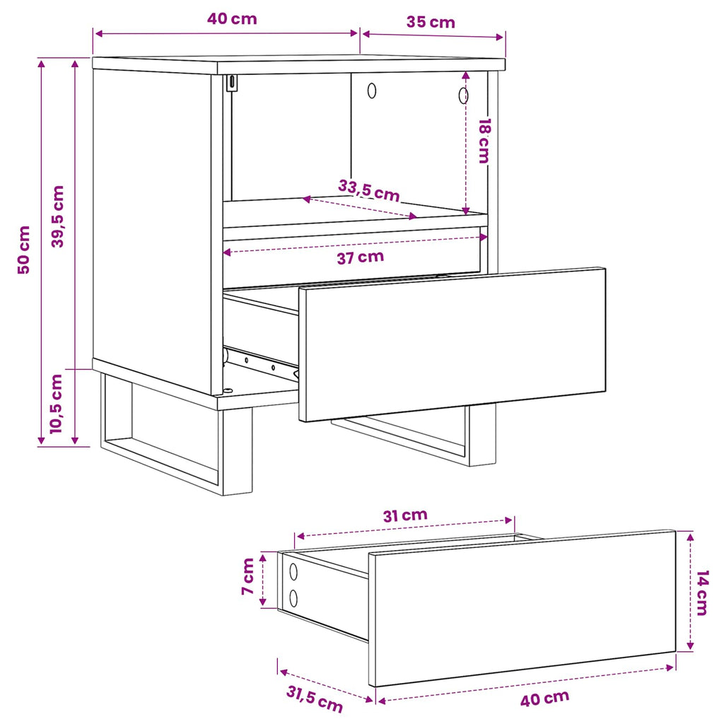 Bettschrank Schwarz Eichen-Optik 40 x 35 x 50 cm Holzwerkstoff