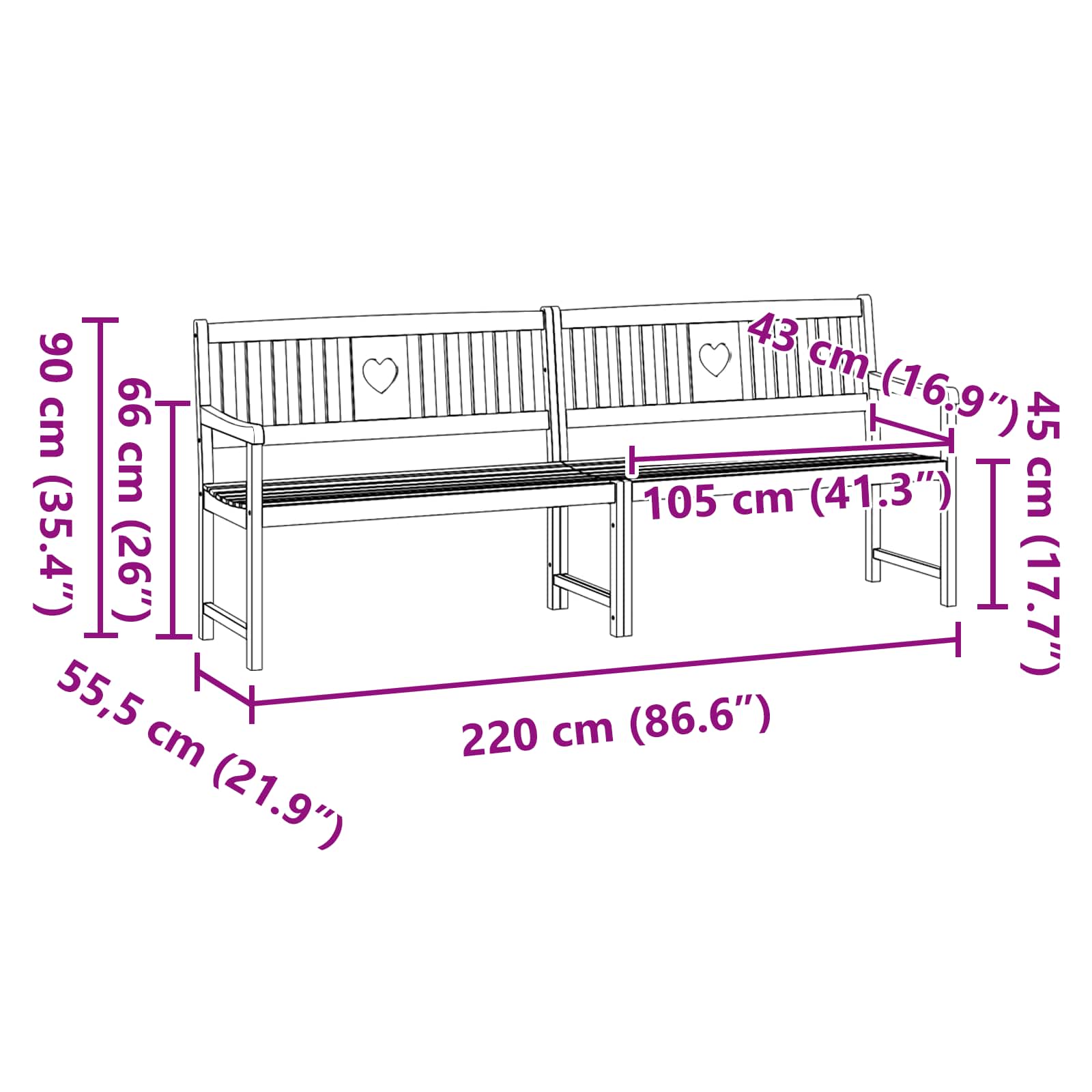 Bank Outdoor Natur 220 x 55,5 x 90 cm Massivholz Akazie