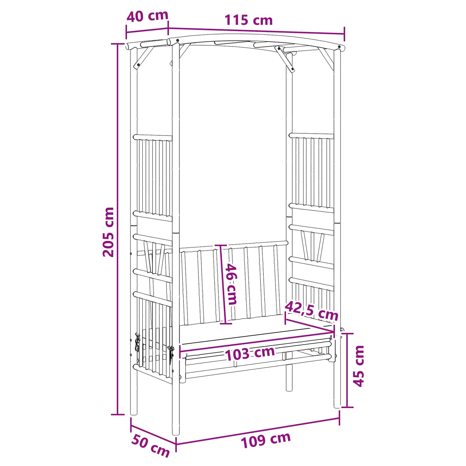 Gartenbogen mit Bank Cremeweiß 115 x 50 x 205 cm Bambus