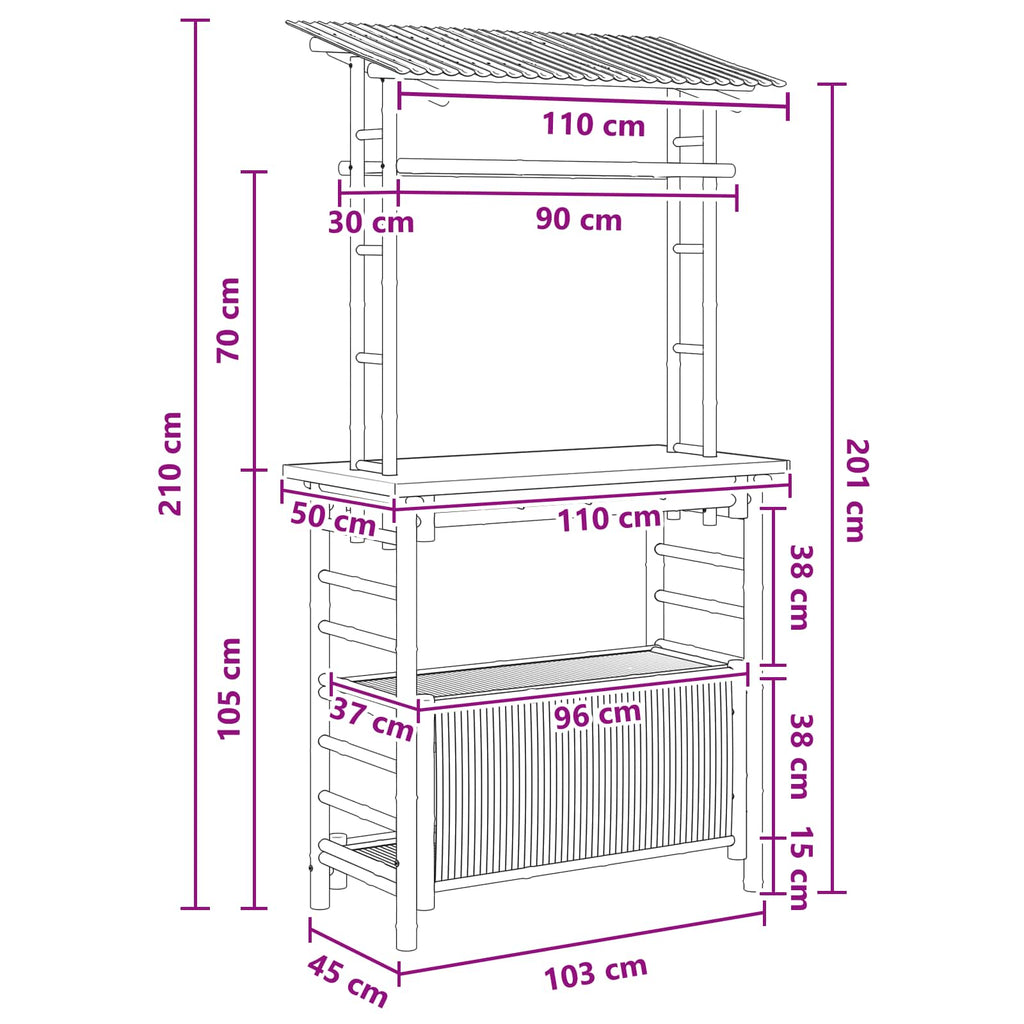 Outdoor Bartisch mit Speicher Natur 110 x 50 x 210 cm Bambus