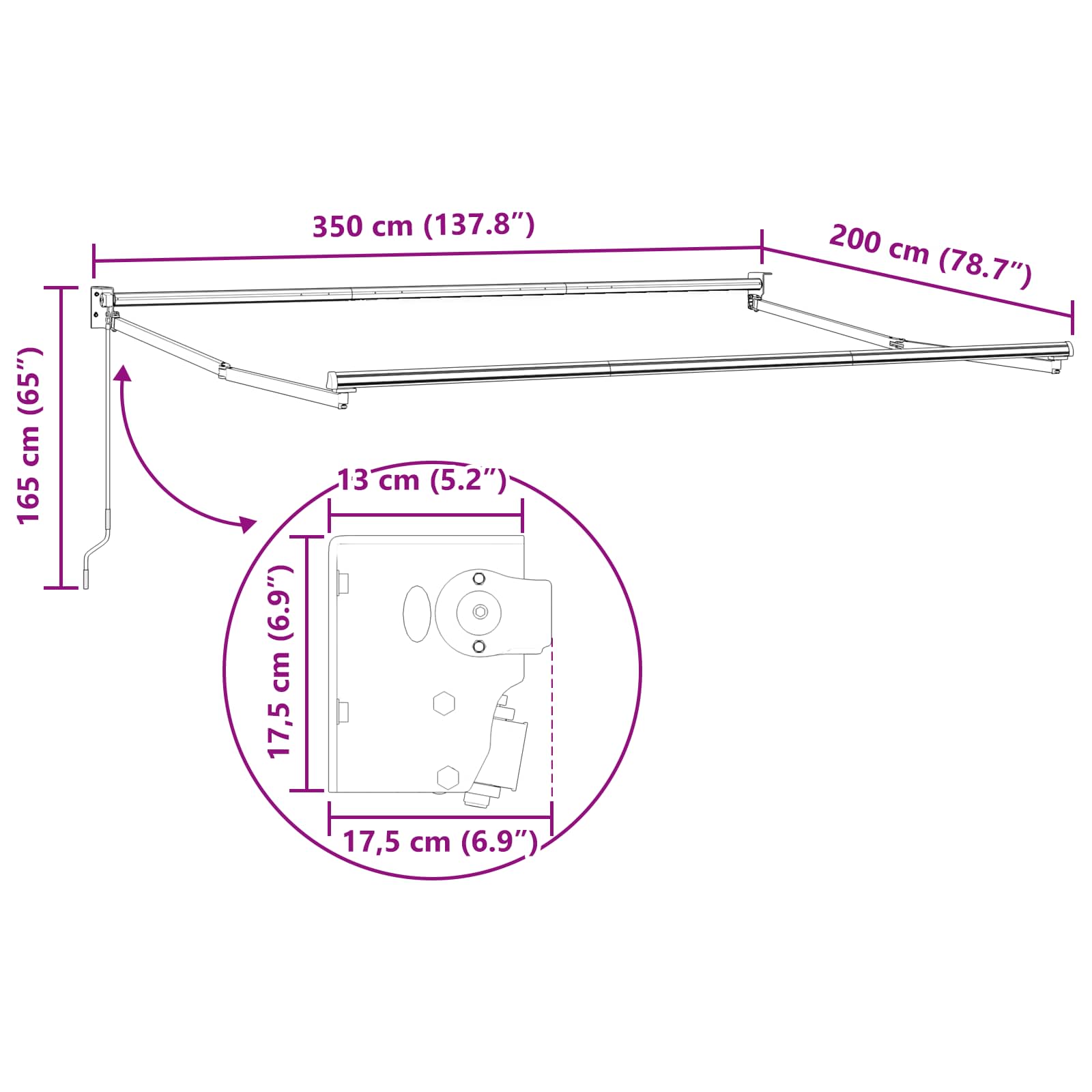 Manueller ausziehbarer Sonnenschirmrahmen Weiß 3,5 x 2 m
