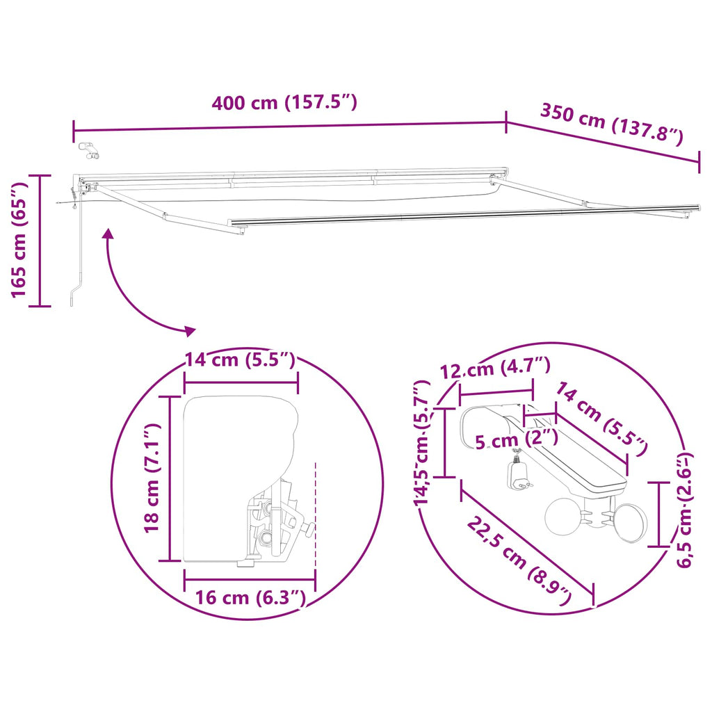 Elektrische Markisenrahmen mit LEDs Weiß 4 × 3,5 m Aluminium