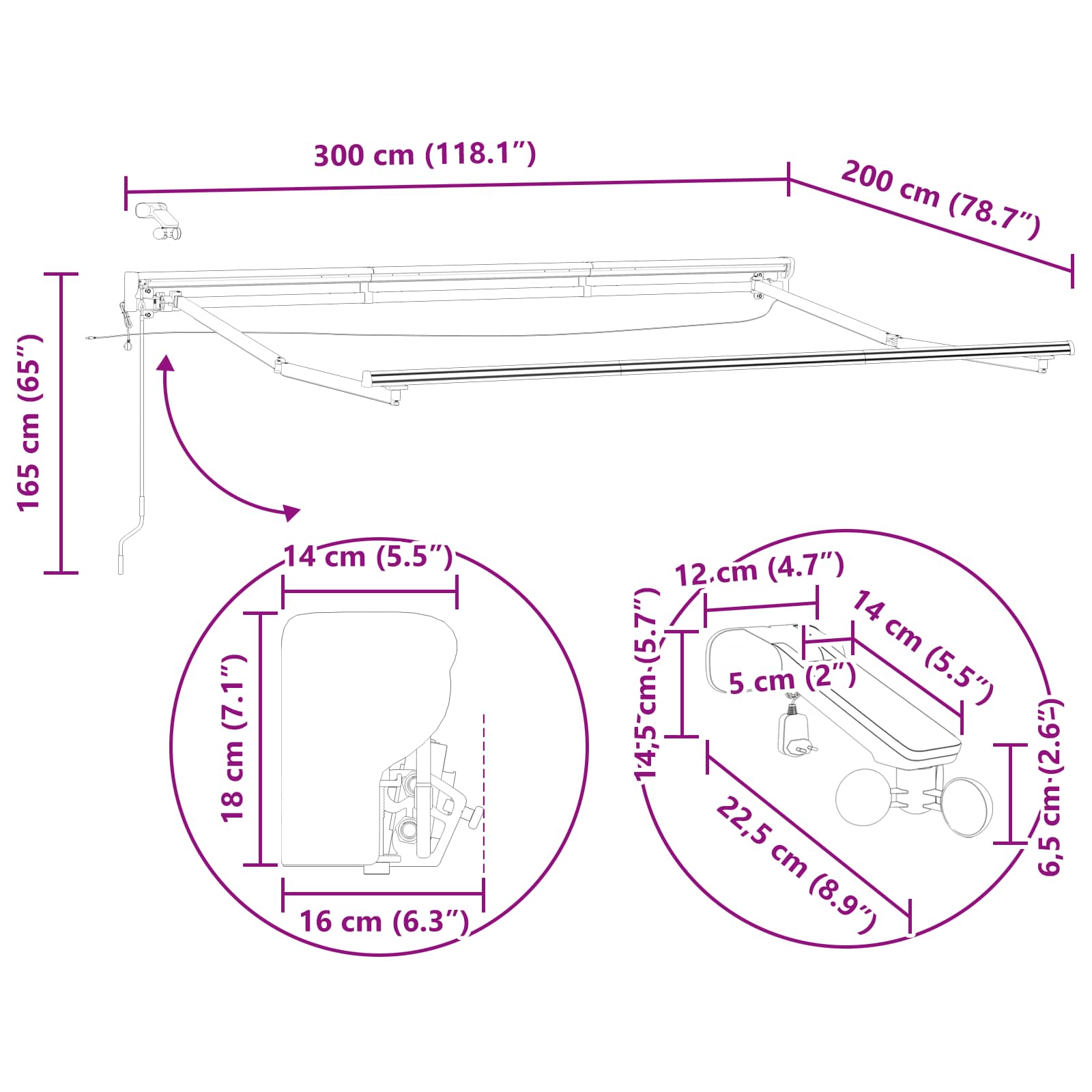 Elektrische Markisenrahmen mit LEDs Anthrazit 3 x 2 m Aluminium