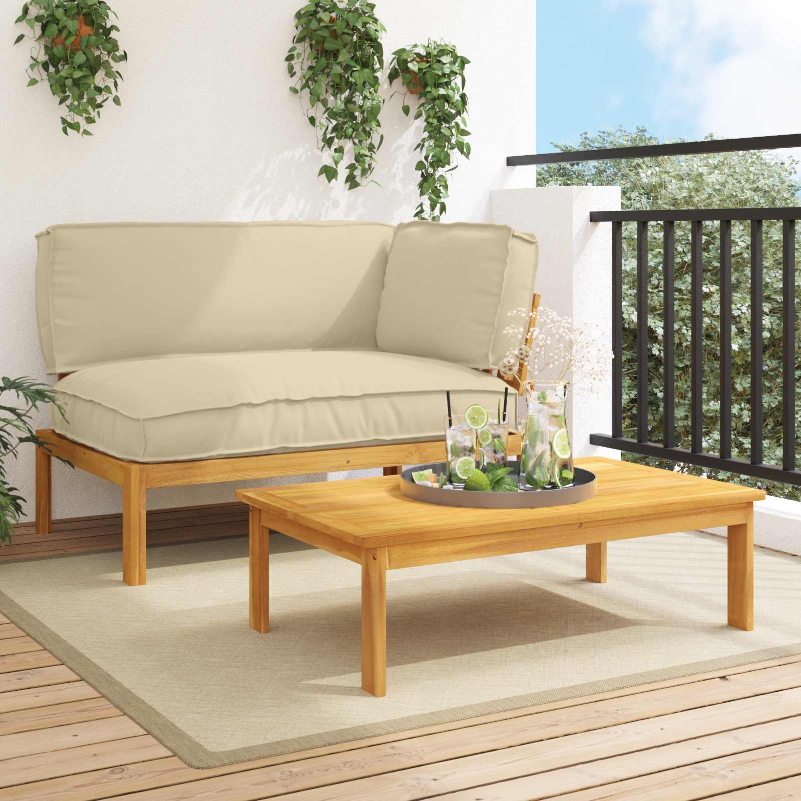 Sofa Set mit Kissen Uni 2 pcs Beige Massivholz Akazie