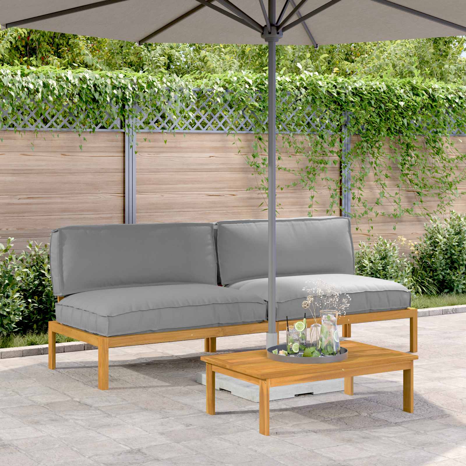 Sofa Set mit Kissen Uni 2 pcs Grau Massivholz Akazie