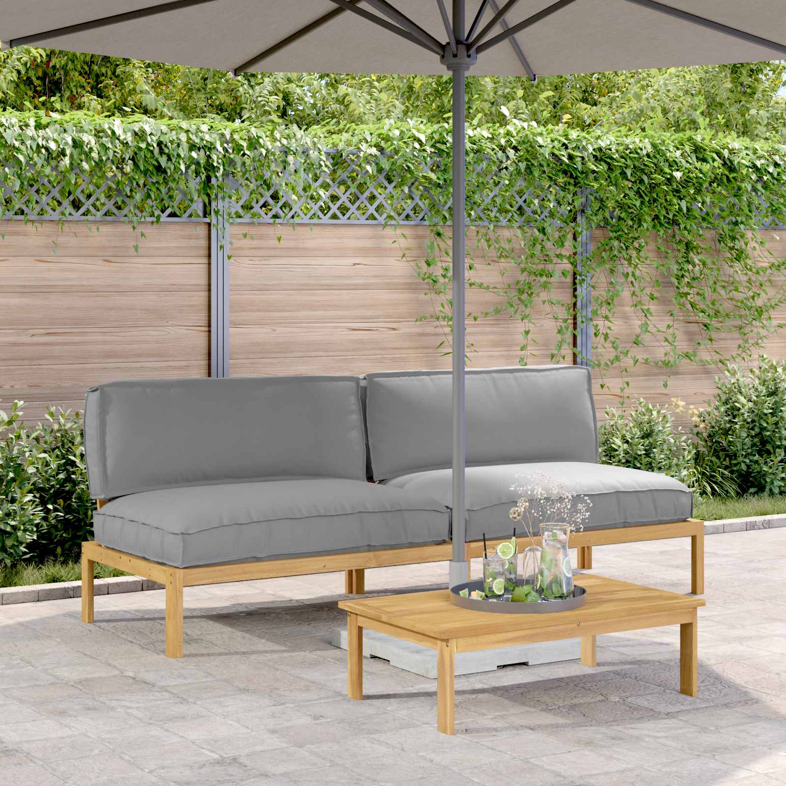 Sofa Set mit Kissen Uni 2 pcs Grau Massivholz Akazie