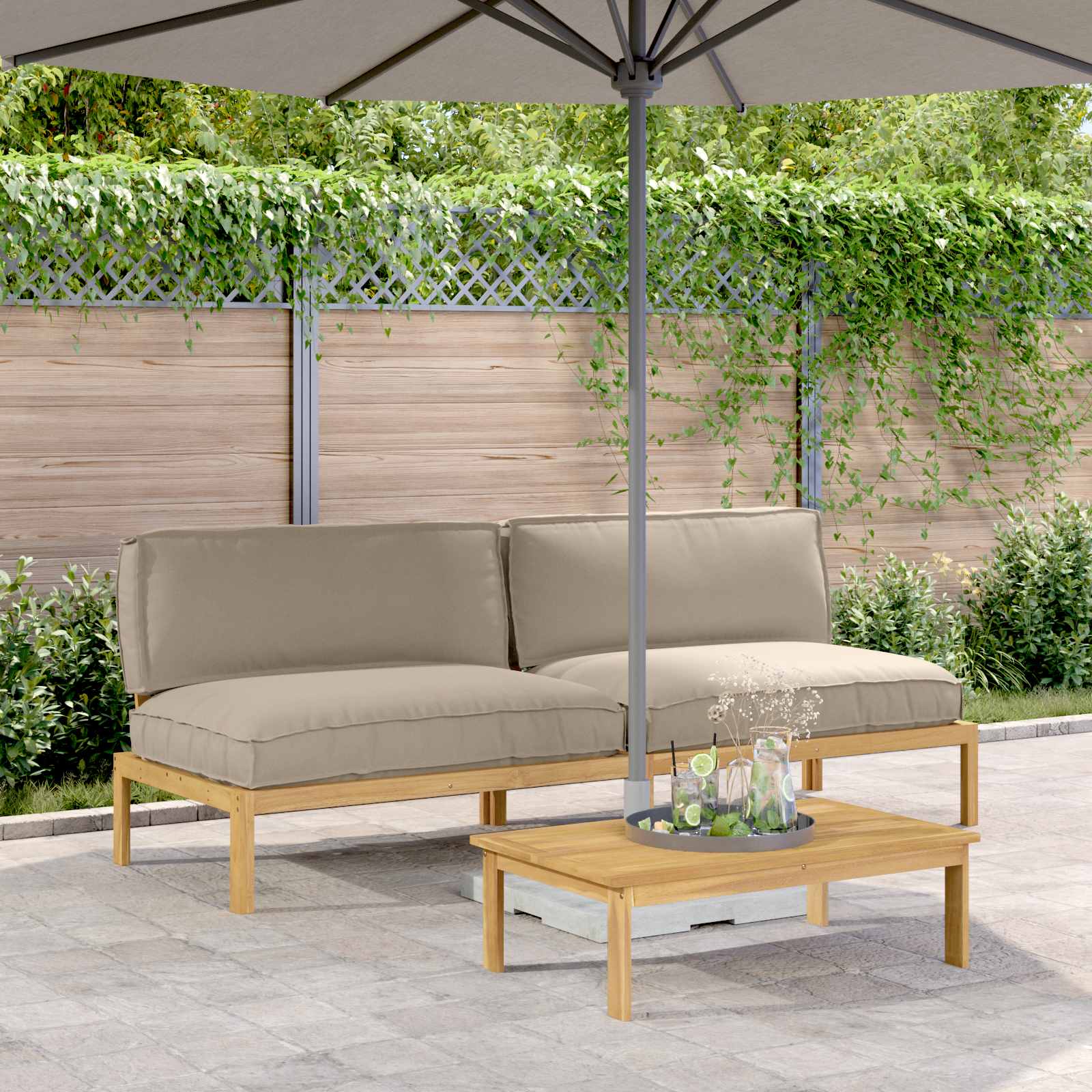 Sofa Set mit Kissen Uni 2 pcs Taupe Massivholz Akazie