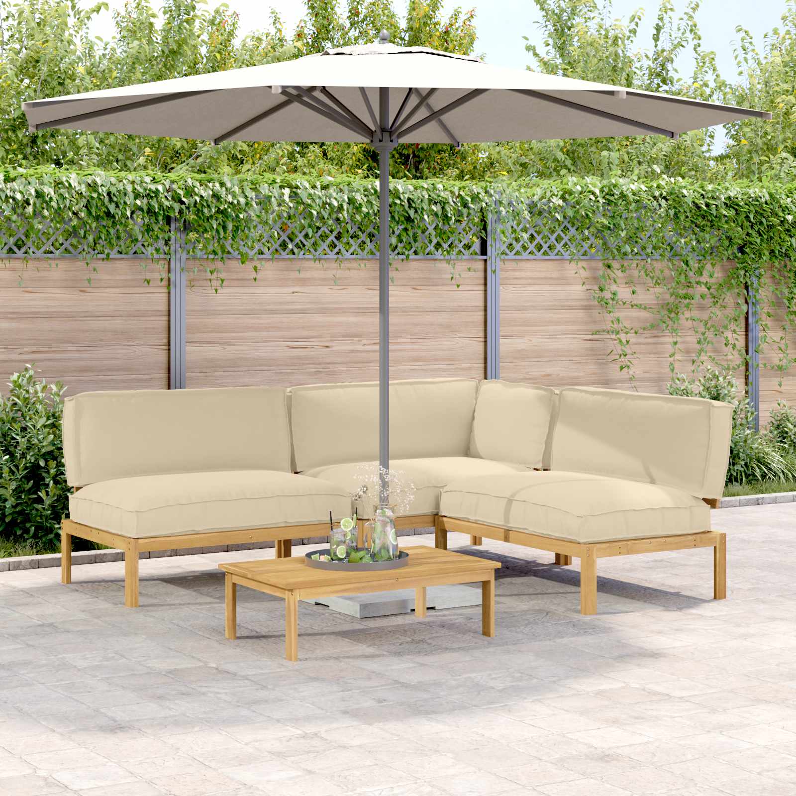 Sofa Set mit Kissen Uni 4 pcs Beige Massivholz Akazie