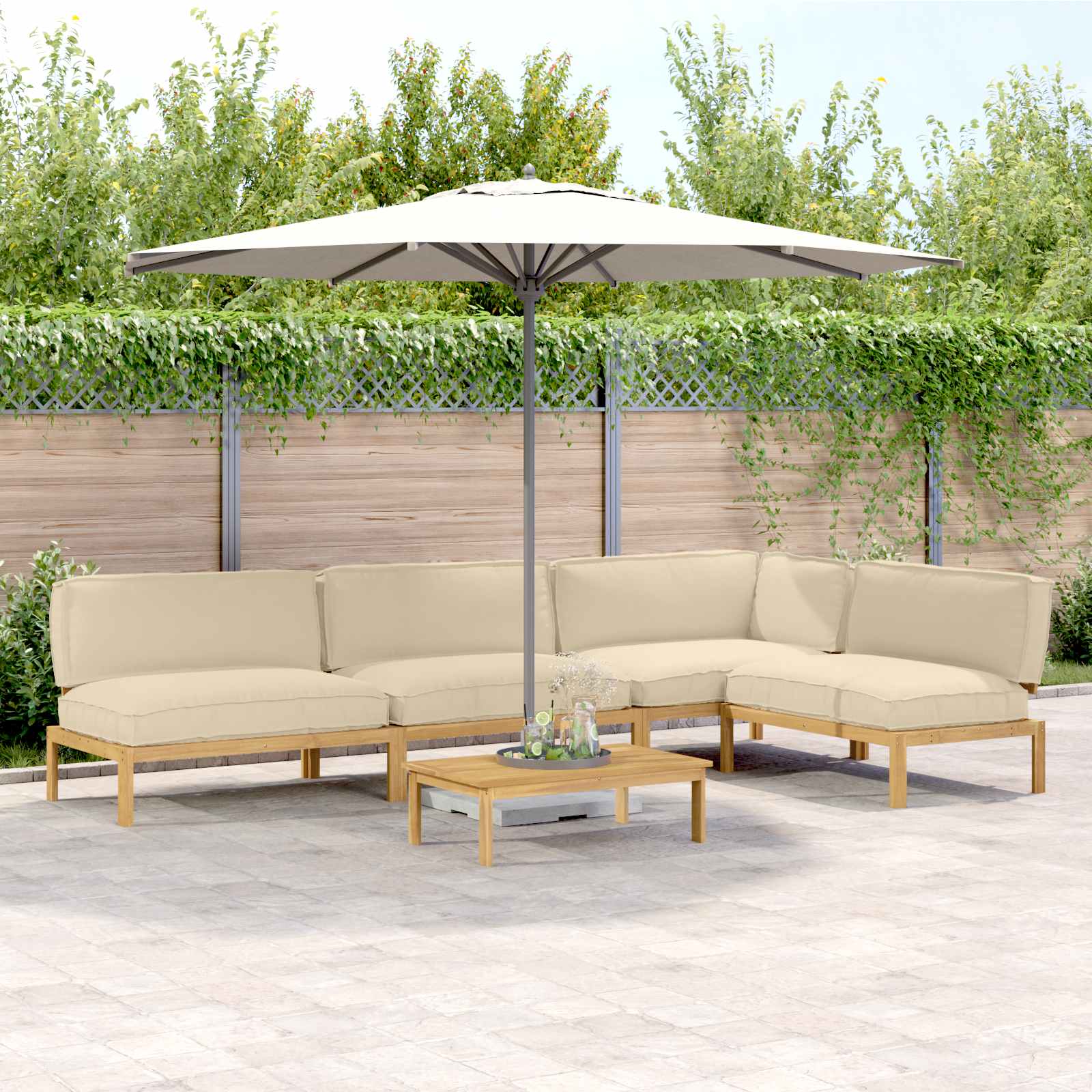 Sofa Set mit Kissen Uni 5 pcs Beige Massivholz Akazie