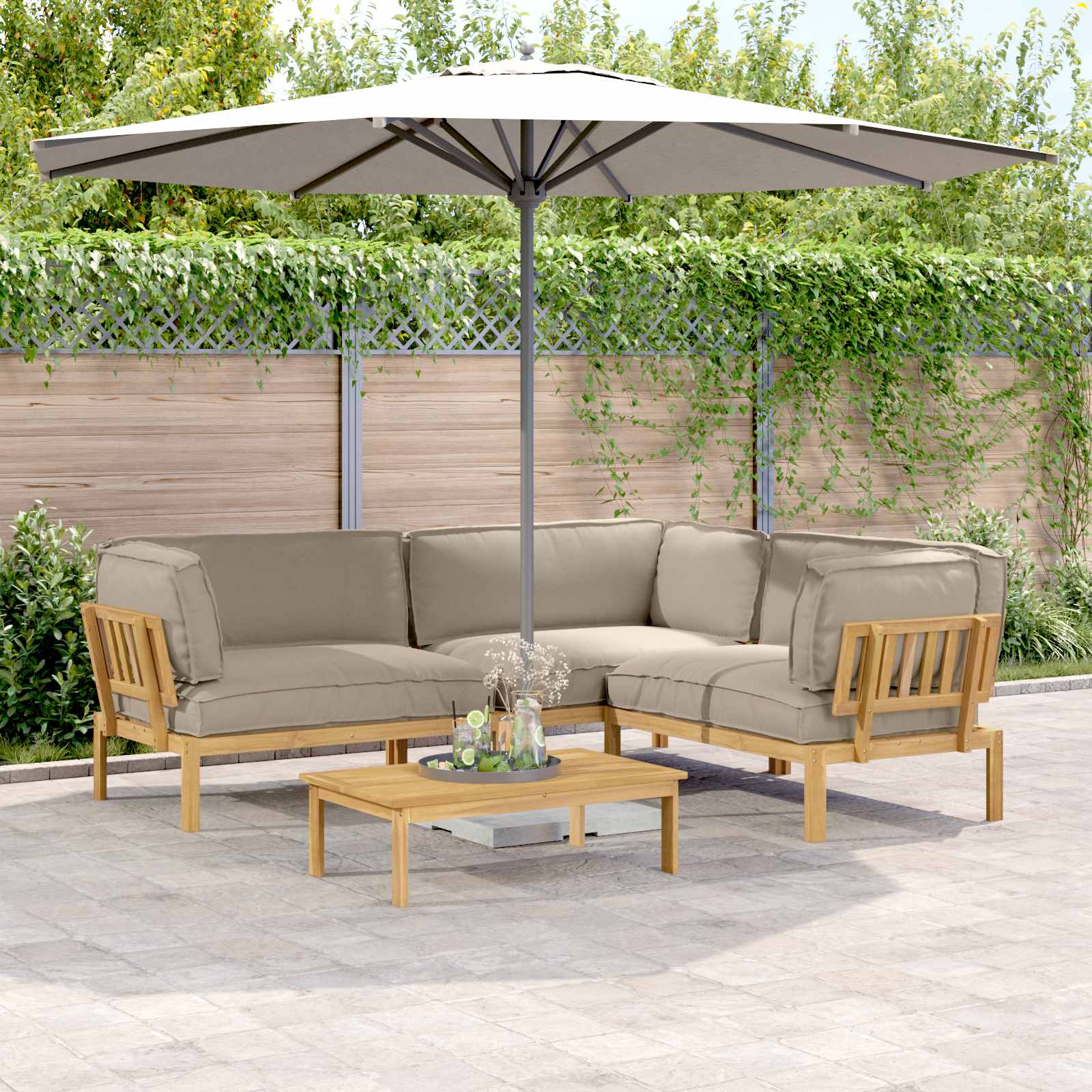 Sofa Set mit Kissen Uni 4 pcs Taupe Massivholz Akazie