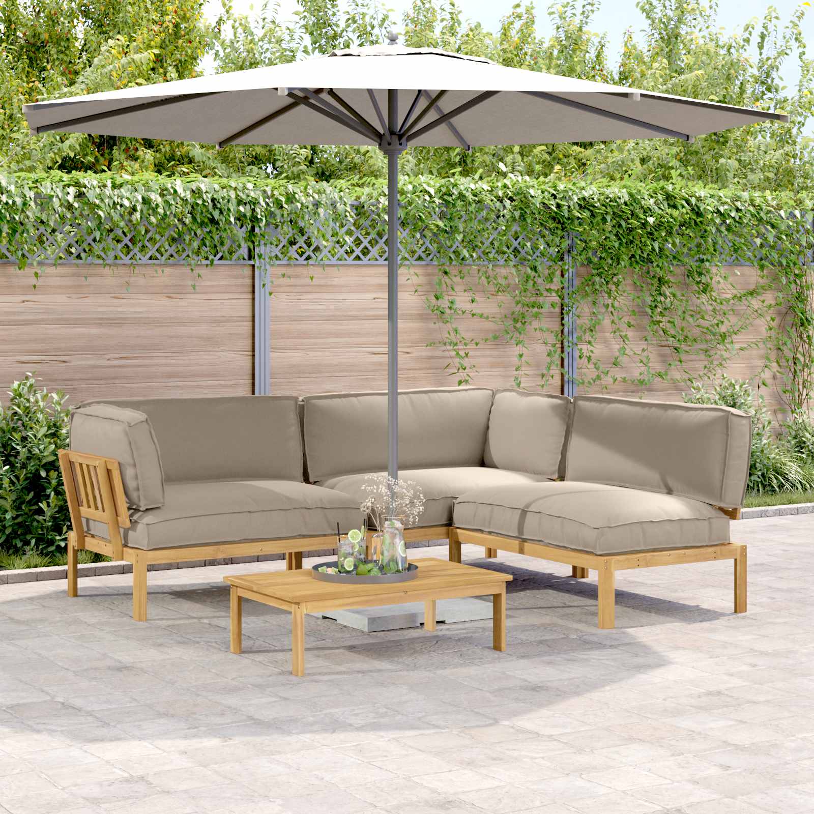 Sofa Set mit Kissen Uni 4 pcs Taupe Massivholz Akazie