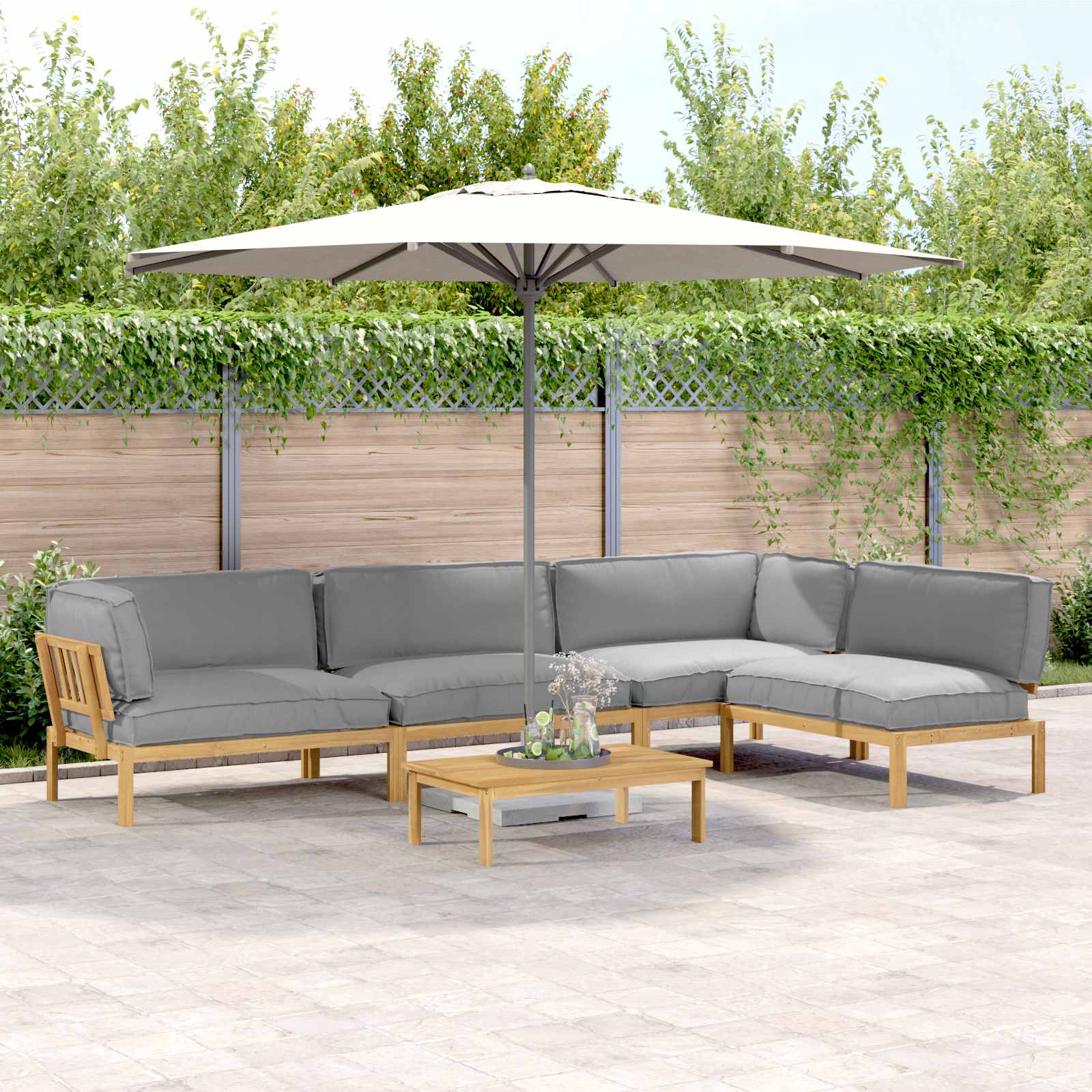 Sofa Set mit Kissen Uni 5 pcs Grau Massivholz Akazie
