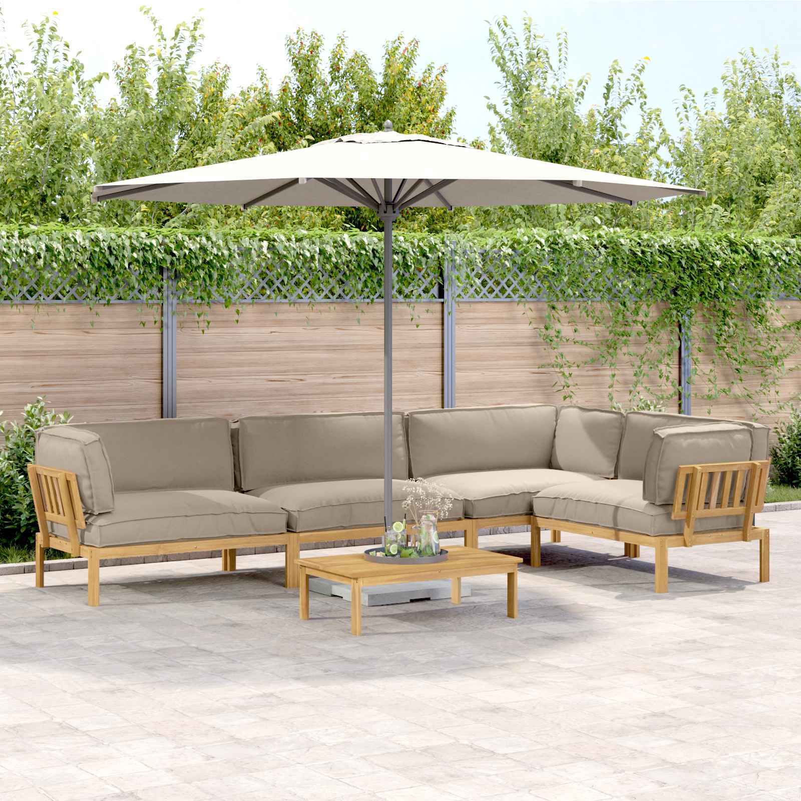 Sofa Set mit Kissen Uni 5 pcs Taupe Massivholz Akazie