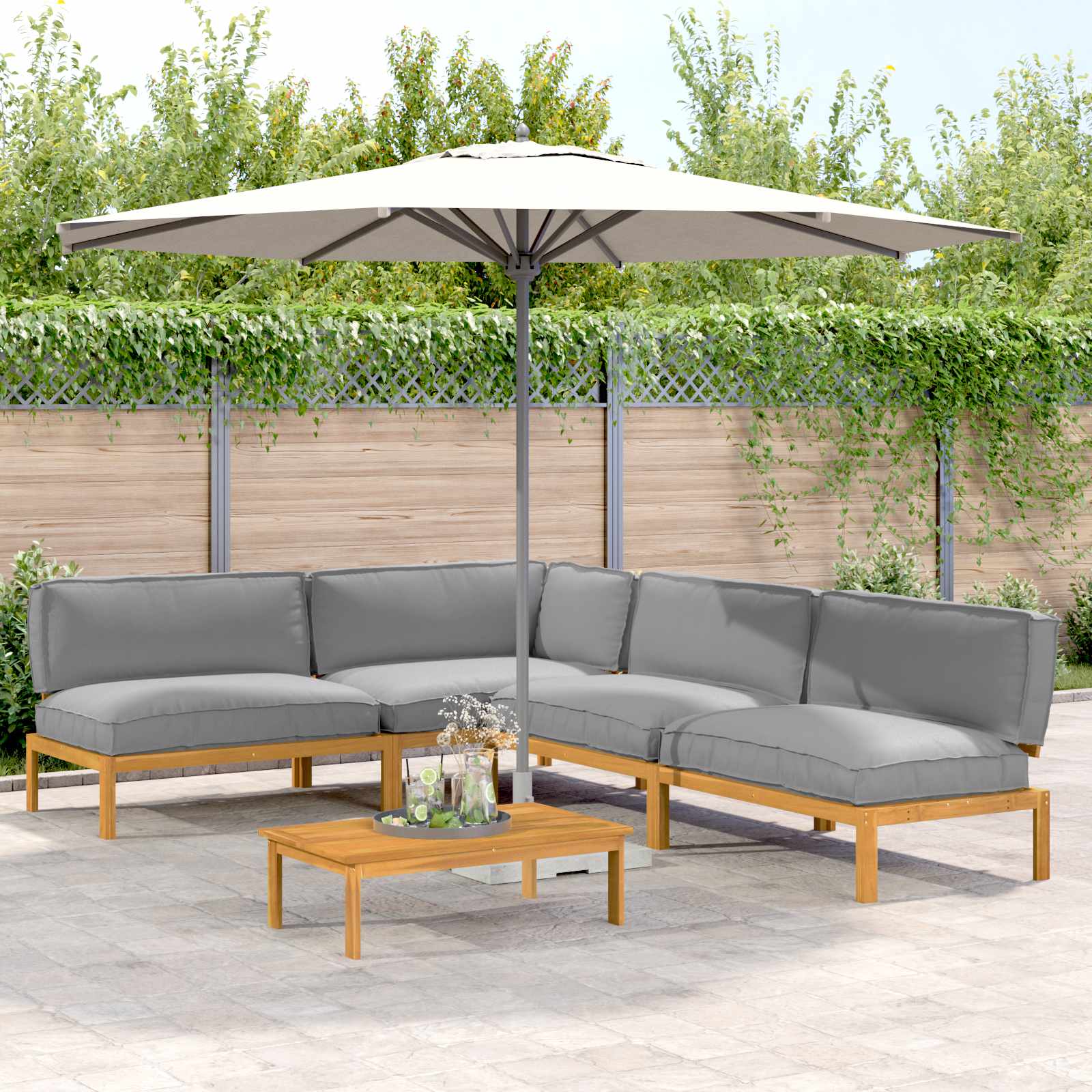 Sofa Set mit Kissen Uni 5 pcs Grau Massivholz Akazie