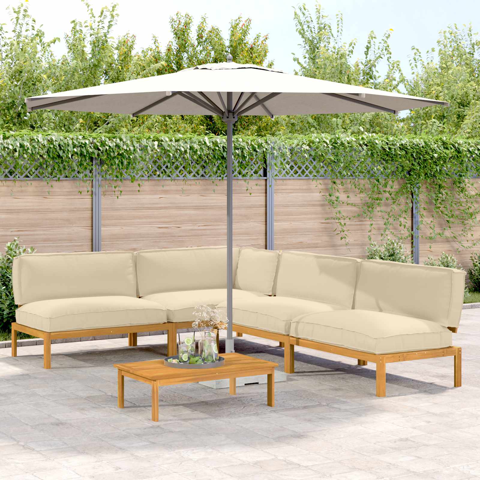 Sofa Set mit Kissen Uni 5 pcs Beige Massivholz Akazie