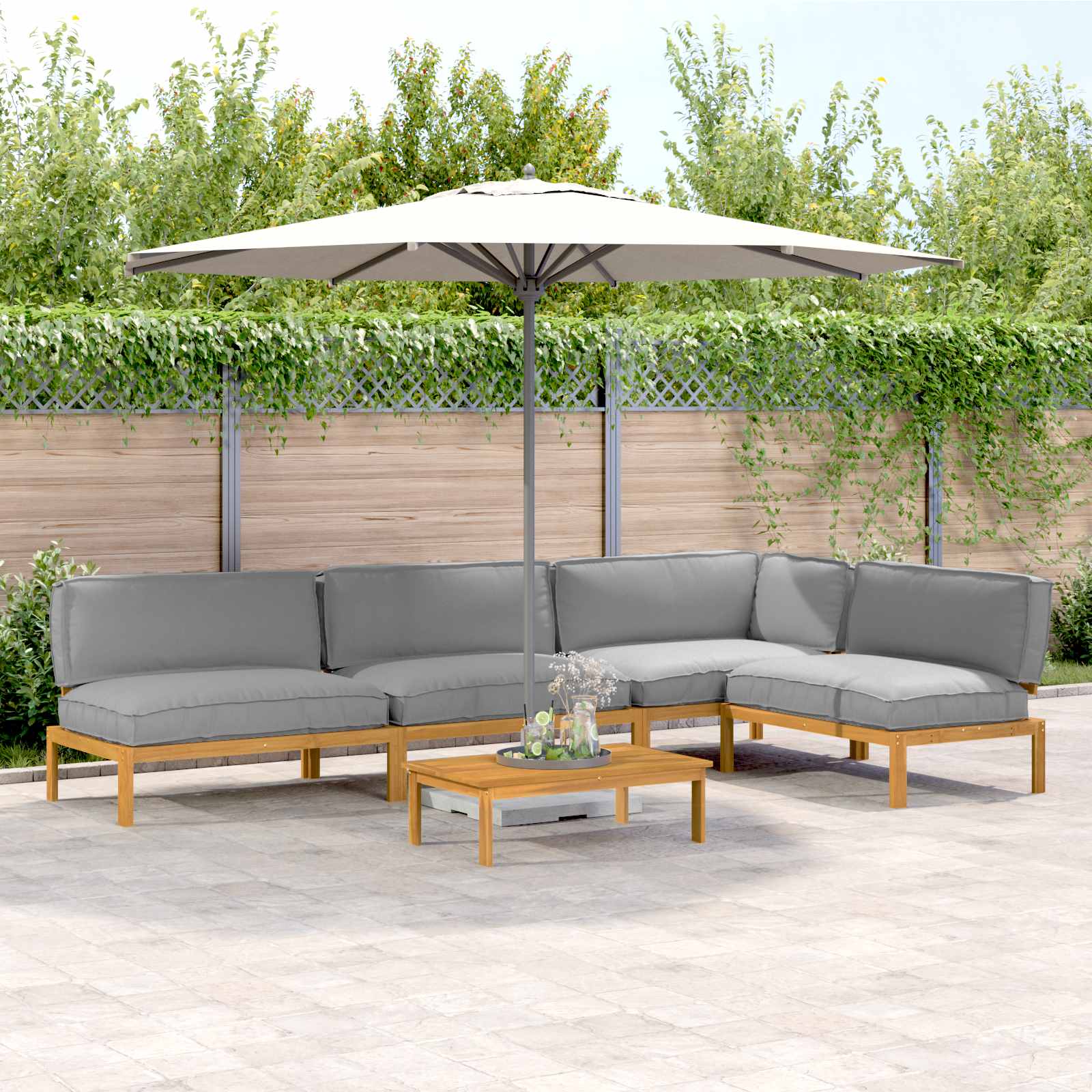 Sofa Set mit Kissen Uni 5 pcs Grau Massivholz Akazie