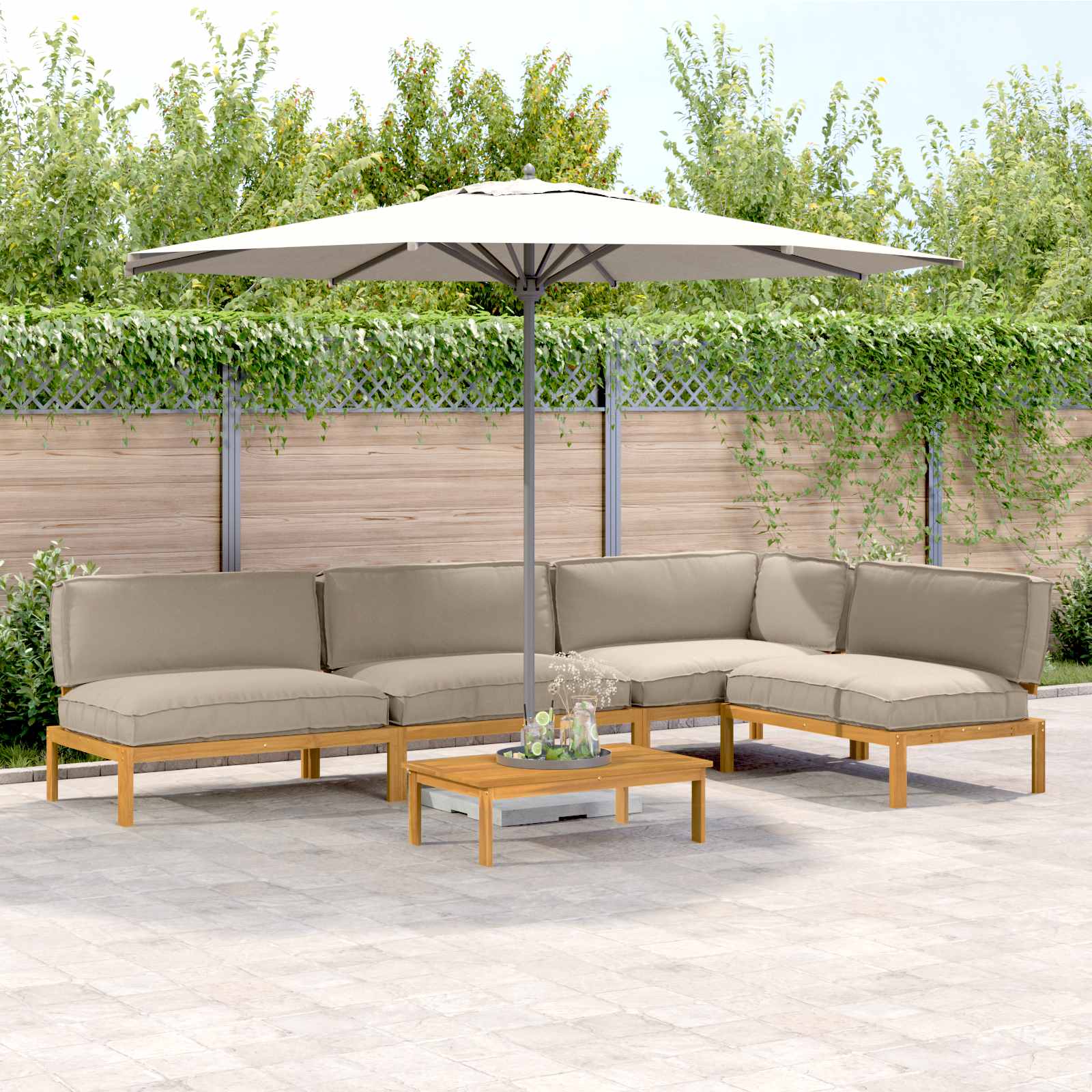 Sofa Set mit Kissen Uni 5 pcs Taupe Massivholz Akazie