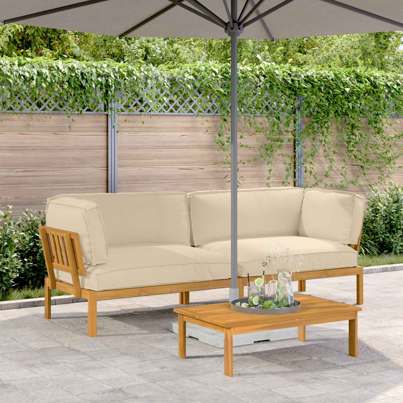 Sofa Set mit Kissen Uni 2 pcs Beige Massivholz Akazie