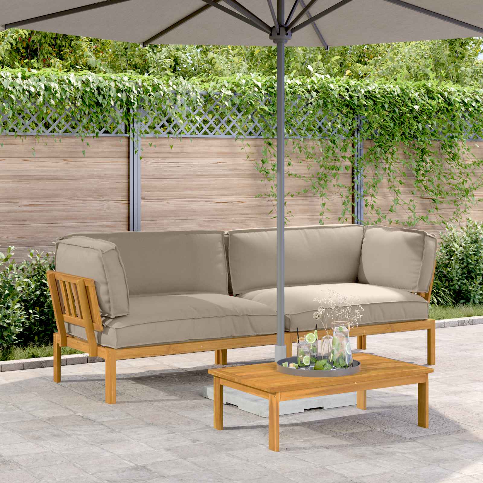 Sofa Set mit Kissen Uni 2 pcs Taupe Massivholz Akazie