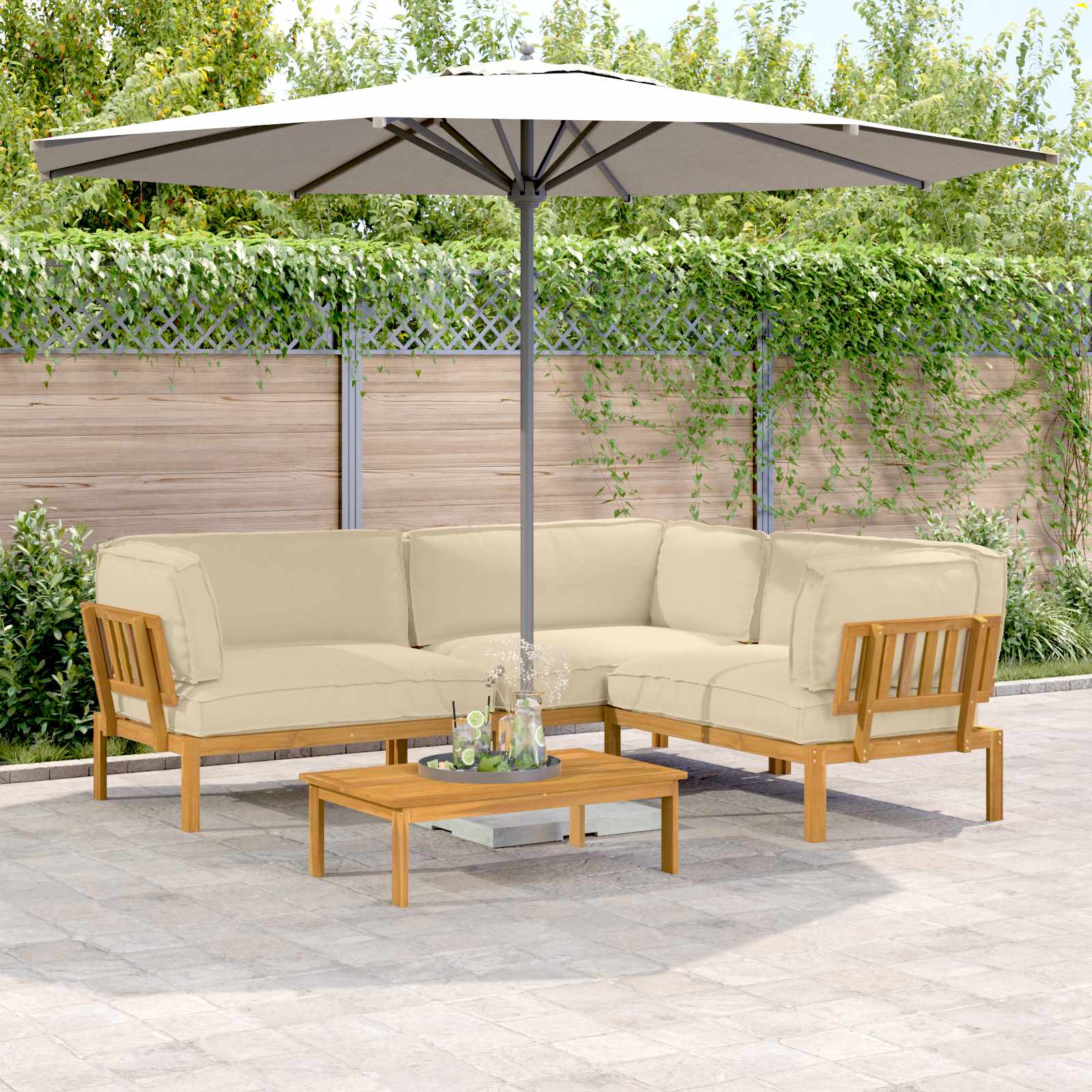 Sofa Set mit Kissen Uni 4 pcs Beige Massivholz Akazie