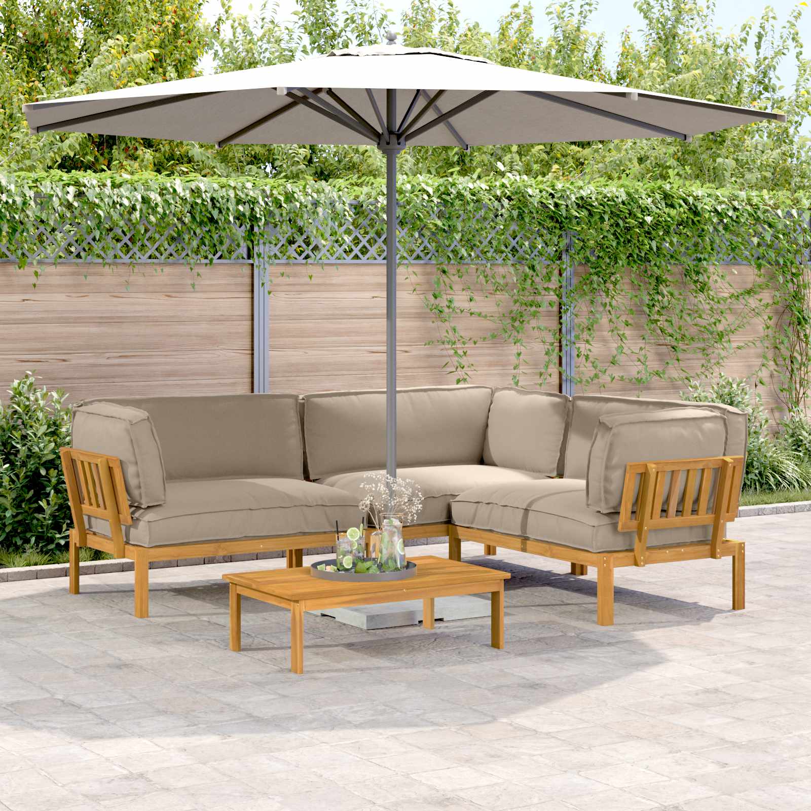 Sofa Set mit Kissen Uni 4 pcs Taupe Massivholz Akazie