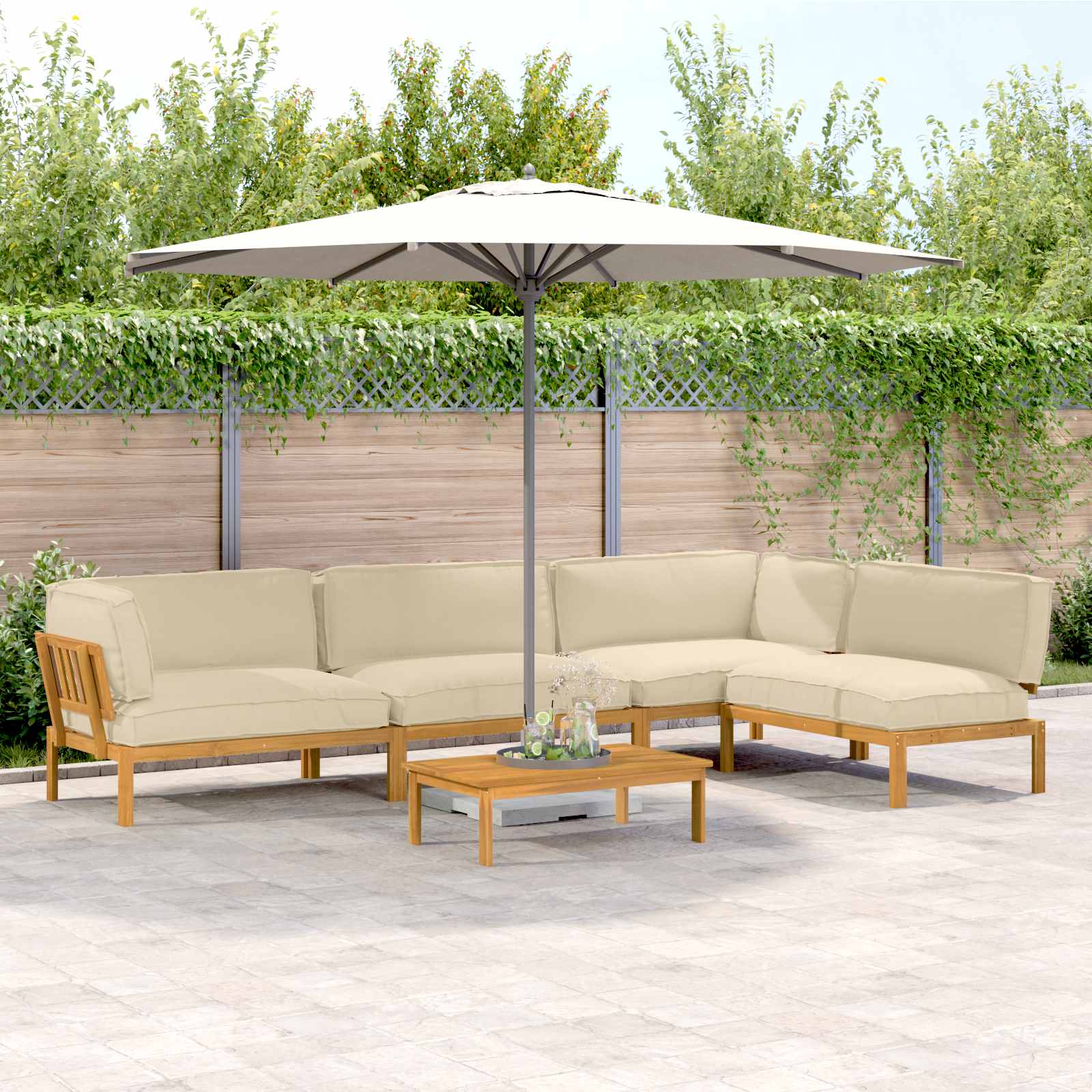 Sofa Set mit Kissen Uni 5 pcs Beige Massivholz Akazie