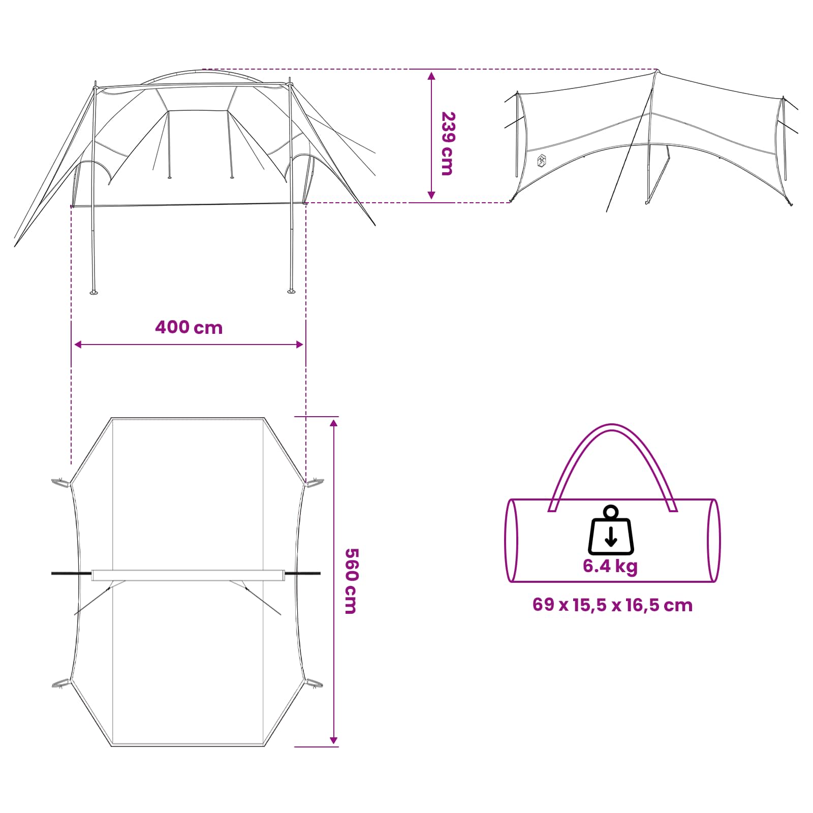 Camping Tarp Wasserfest Grau und Orange 550 x 400 x 230 cm