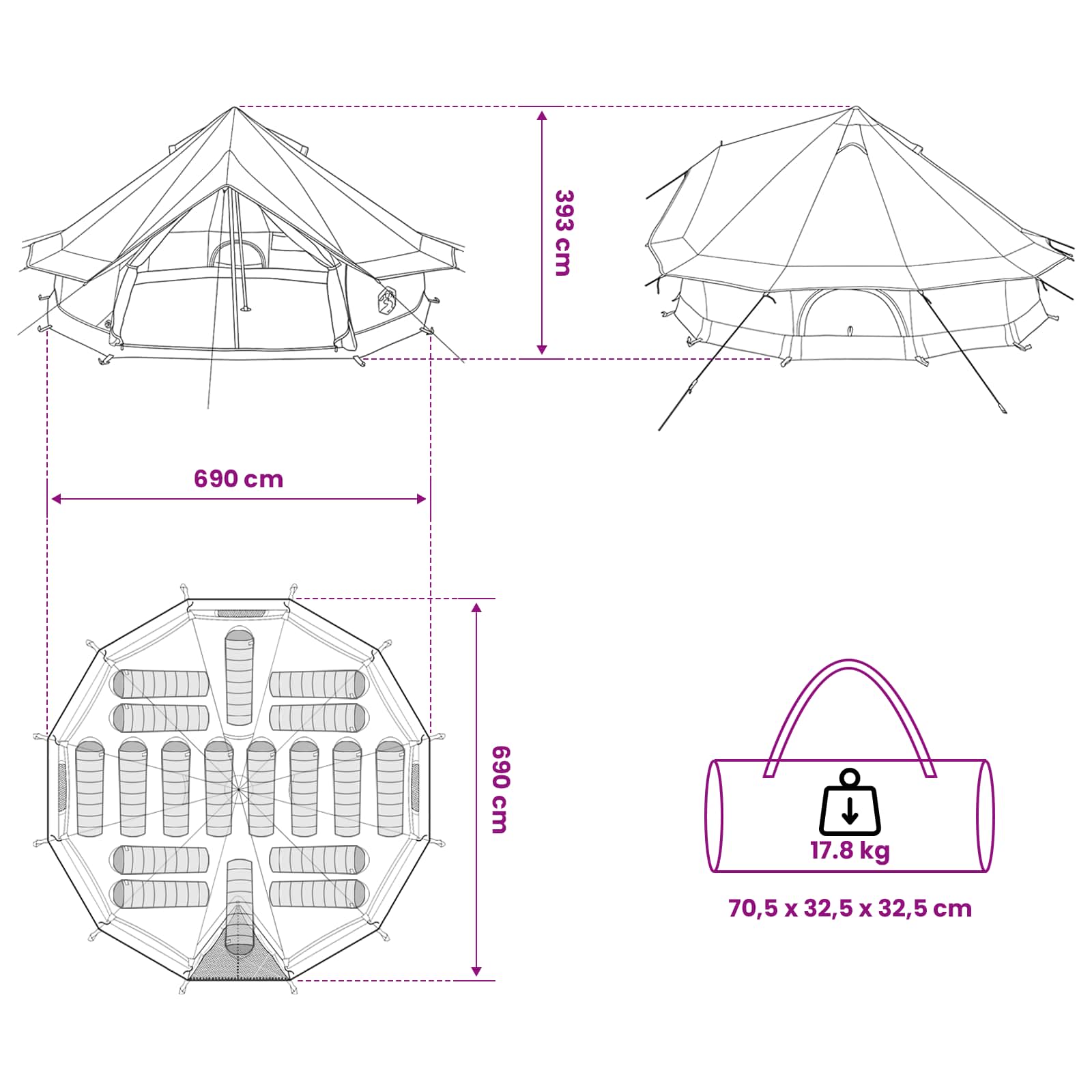Tipi Zelt mit Dach Grün 700 x 700 x 395 cm Polyester und Stahl