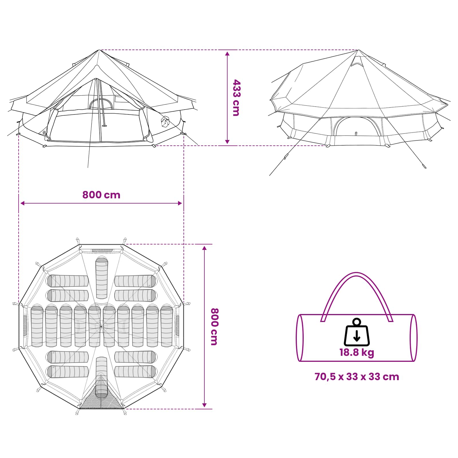 Tipi Zelt mit Dach Grün 800 x 800 x 430 cm Polyester und Stahl