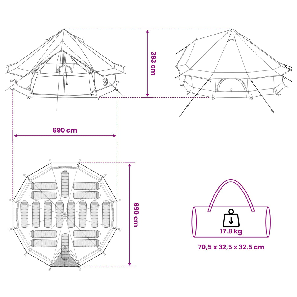 Tipi Zelt Braun Grau 700 x 700 x 395 cm Polyester und Stahl