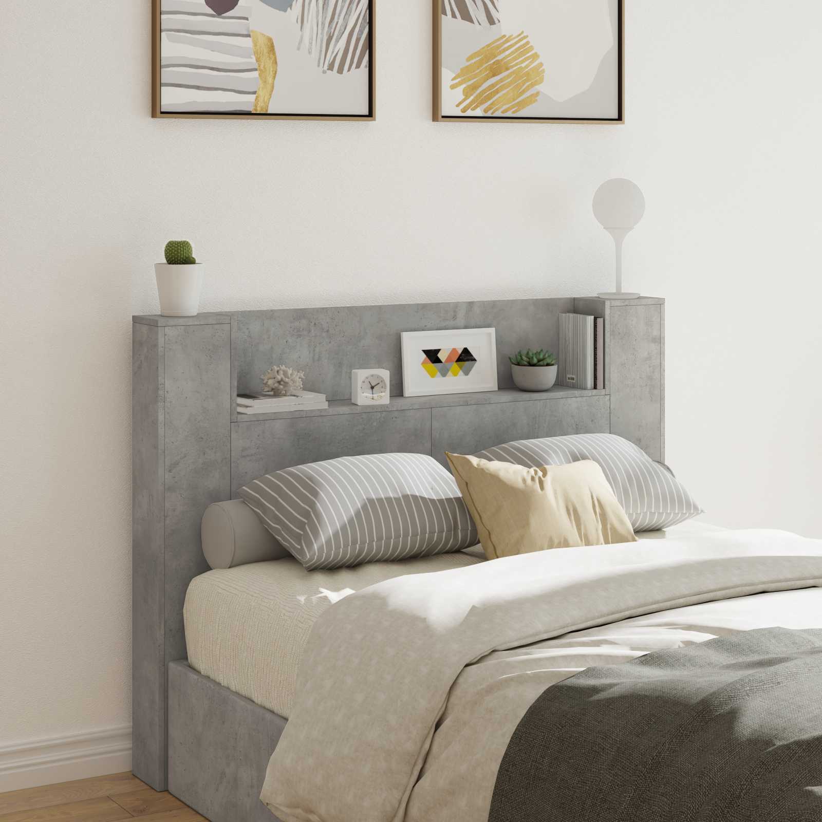 Kopfteil-Schrank mit LED mit Regal Beton 140 x 16,5 x 103,5 cm