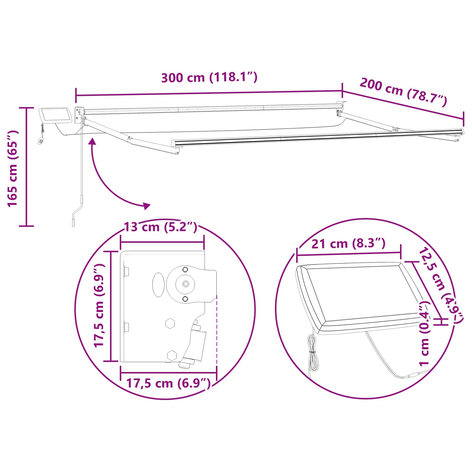 Manuelle Gelenkarmmarkise mit LEDs 3 x 2 m