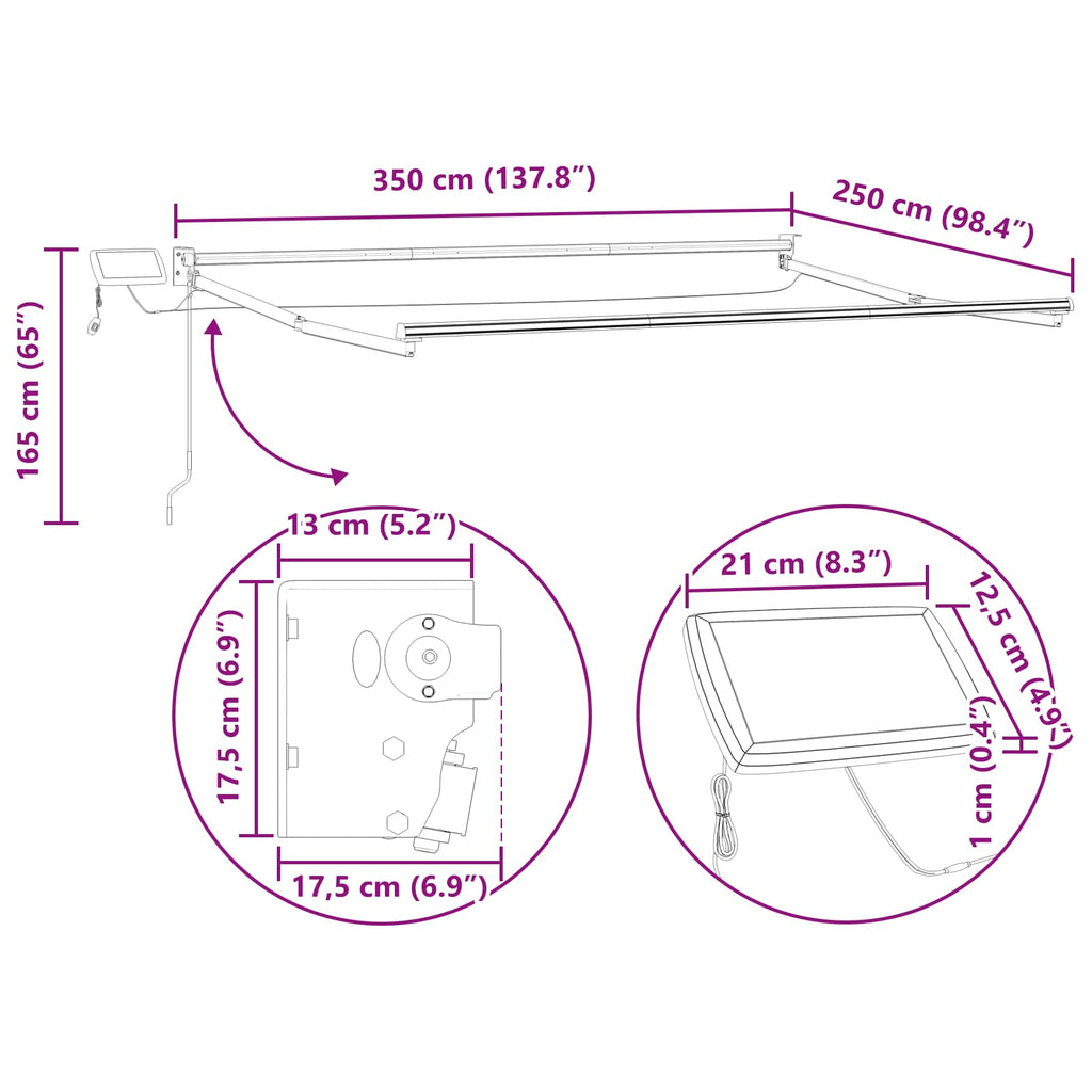Manuelle Gelenkarmmarkise mit LEDs Mehrfarbig 3,5 x 2,5 m