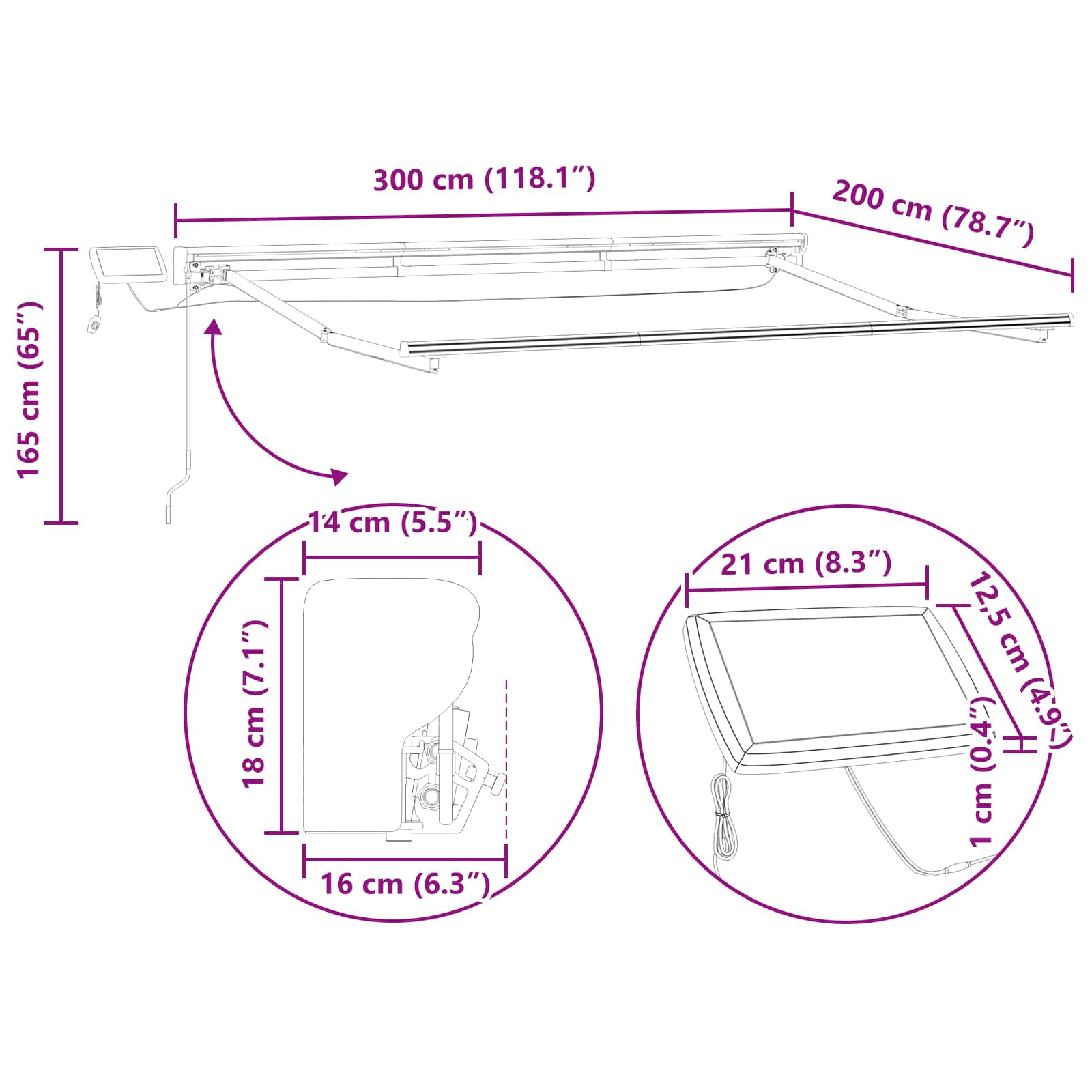 Manueller Markisenrahmen mit LEDs Anthrazit und Weiß 3 x 2 m