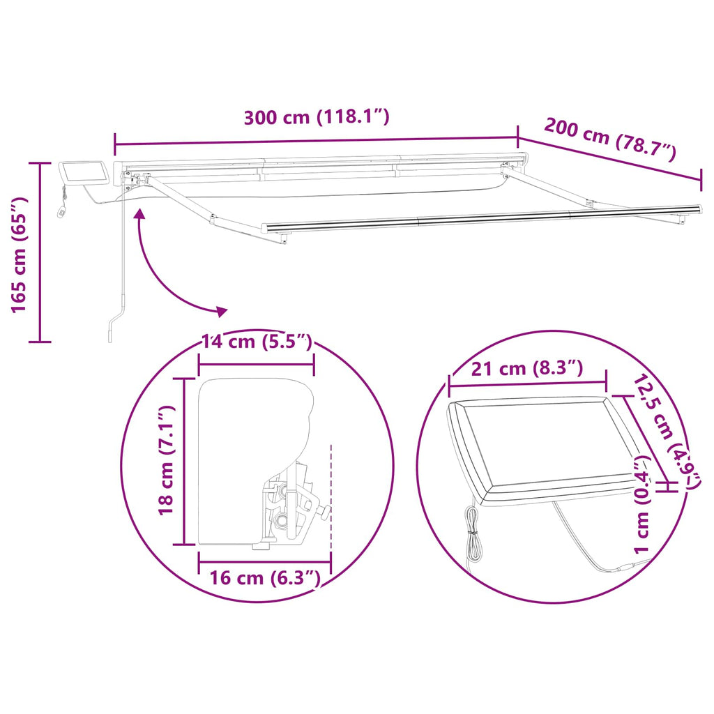 Manueller Markisenrahmen mit LEDs Anthrazit und Weiß 3 x 2 m
