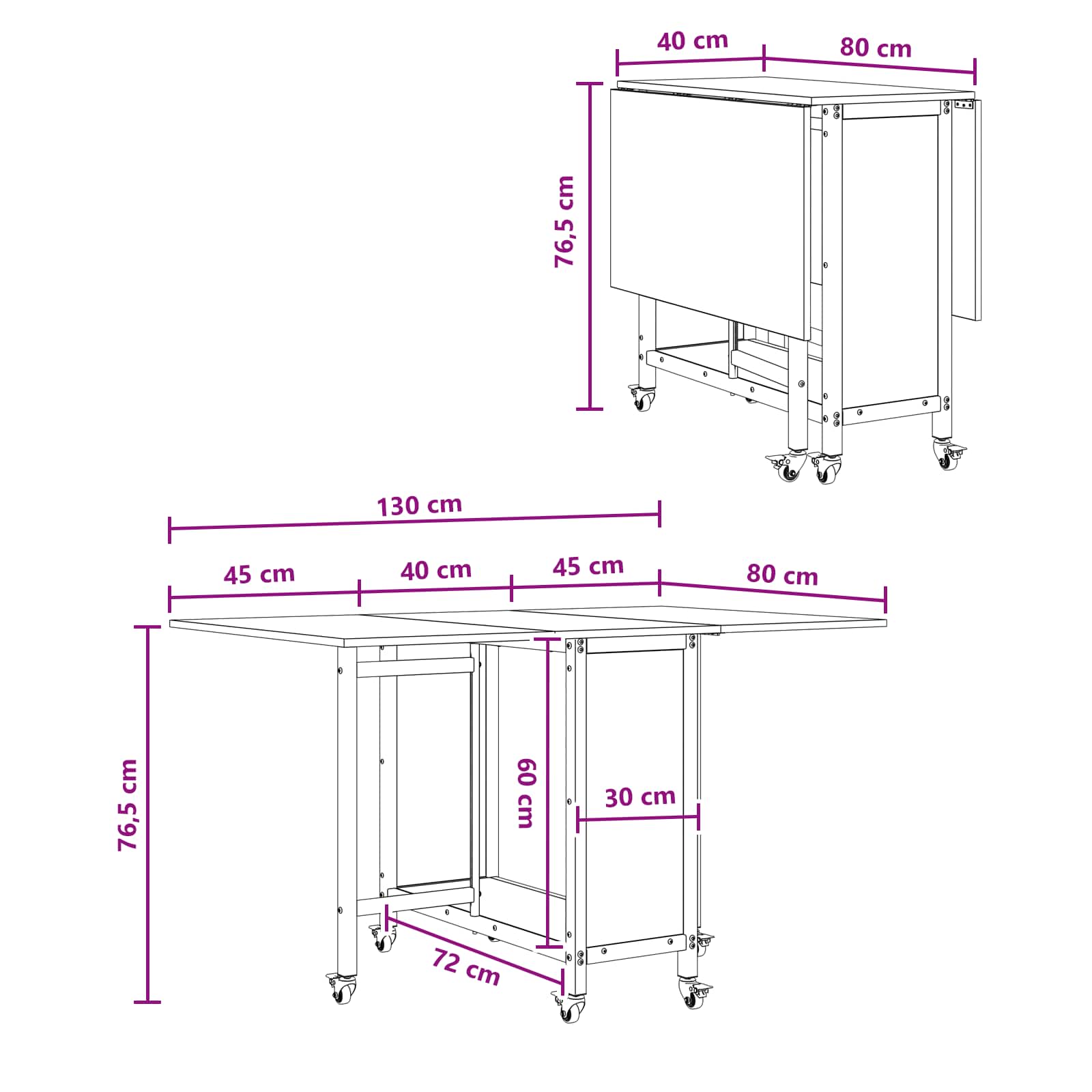 Faltbarer Esstisch mit Rollen 130 x 80 x 76,5 cm Holzwerkstoff