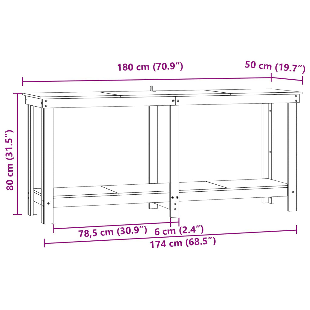 Werkbank Wachsbraun 180 x 50 x 80 cm Massives Kiefernholz