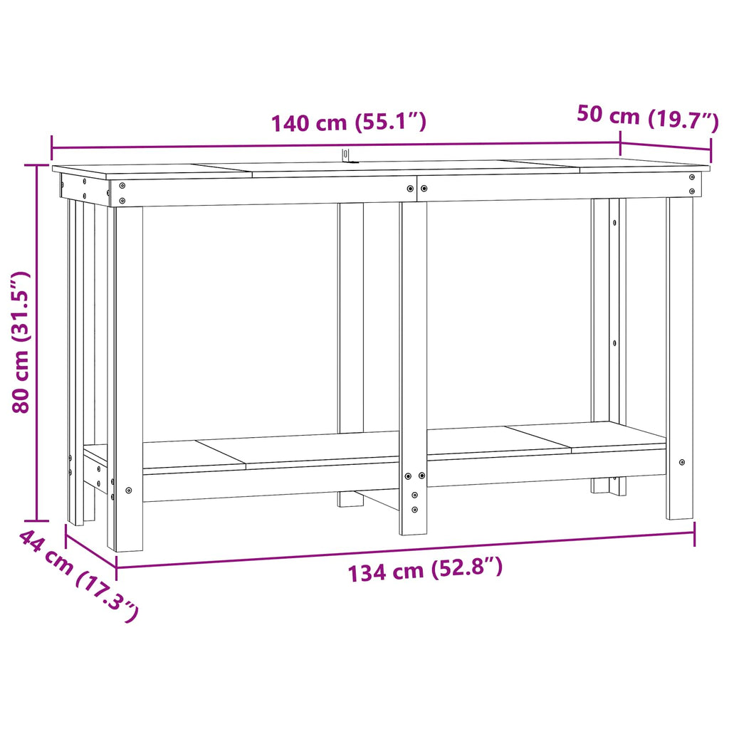 Werkbank Wachsbraun 140 x 50 x 80 cm Massives Kiefernholz