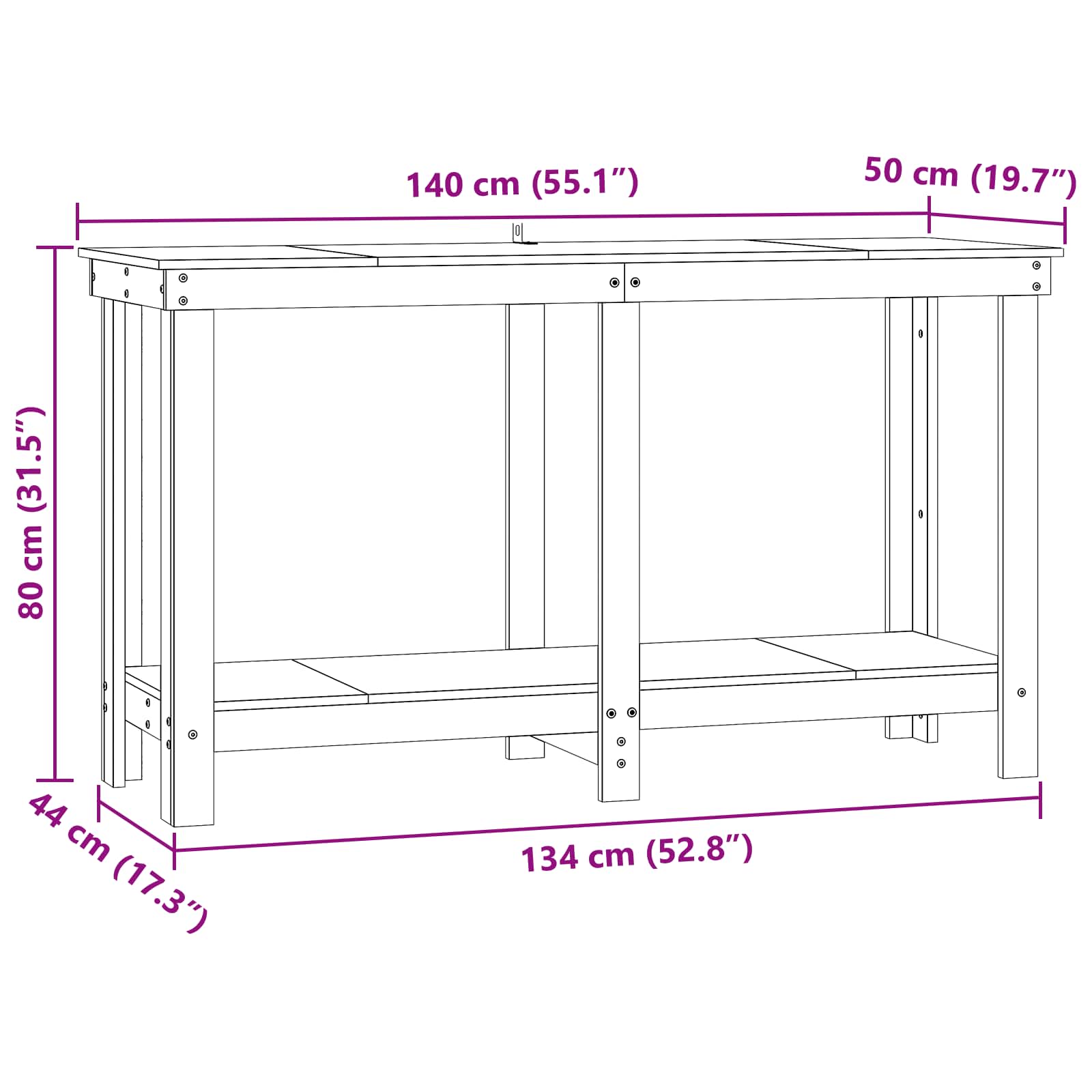 Werkbank Wachsbraun 140 x 50 x 80 cm Massives Kiefernholz