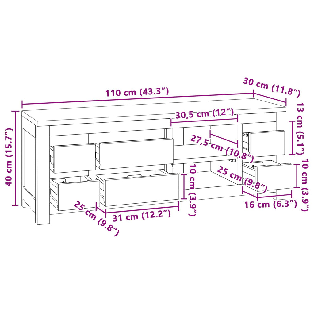 TV-Schrank 110 x 30 x 40 cm Natur Massivholz Teak