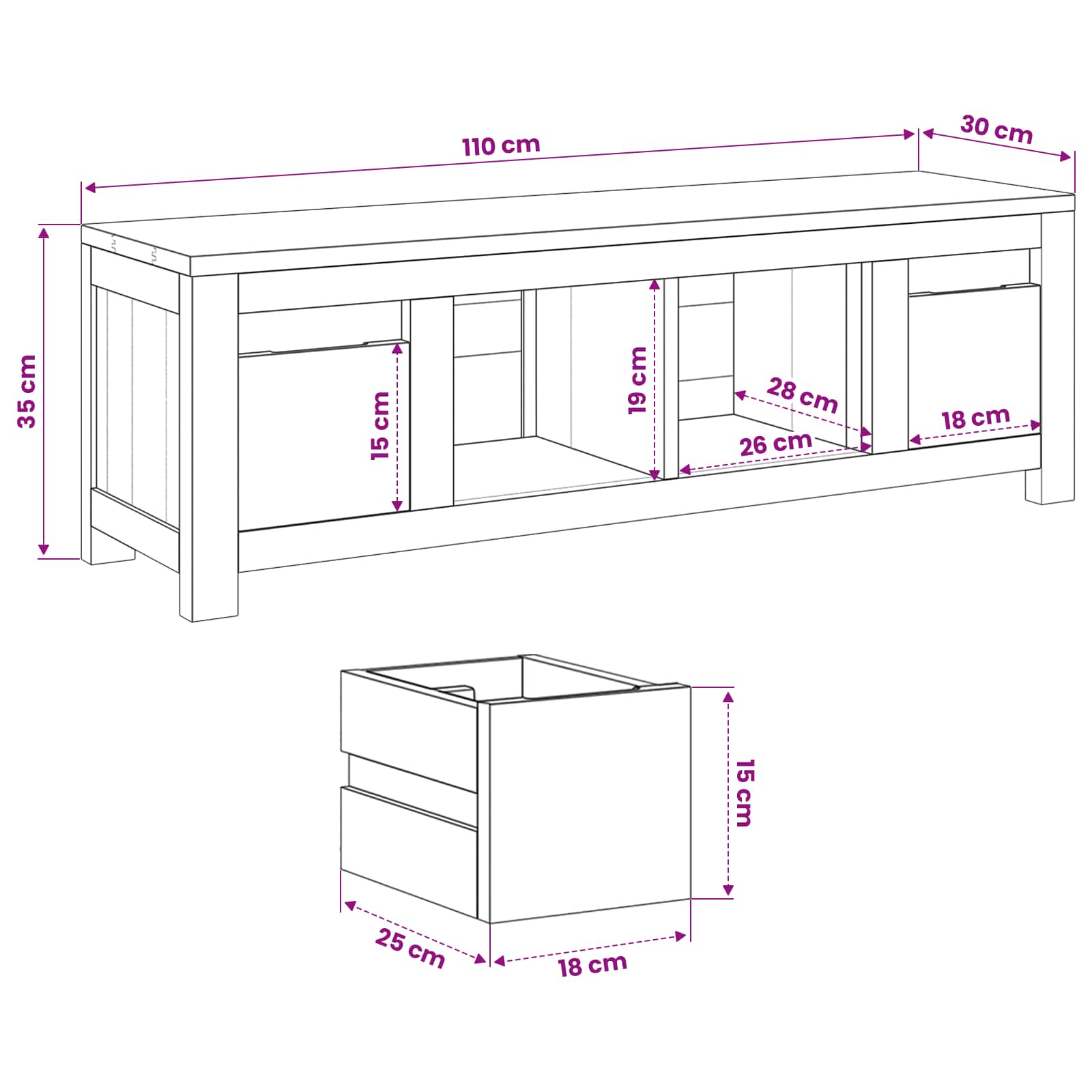 TV-Schränk 110 x 30 x 35 cm Natur Massivholz Teak