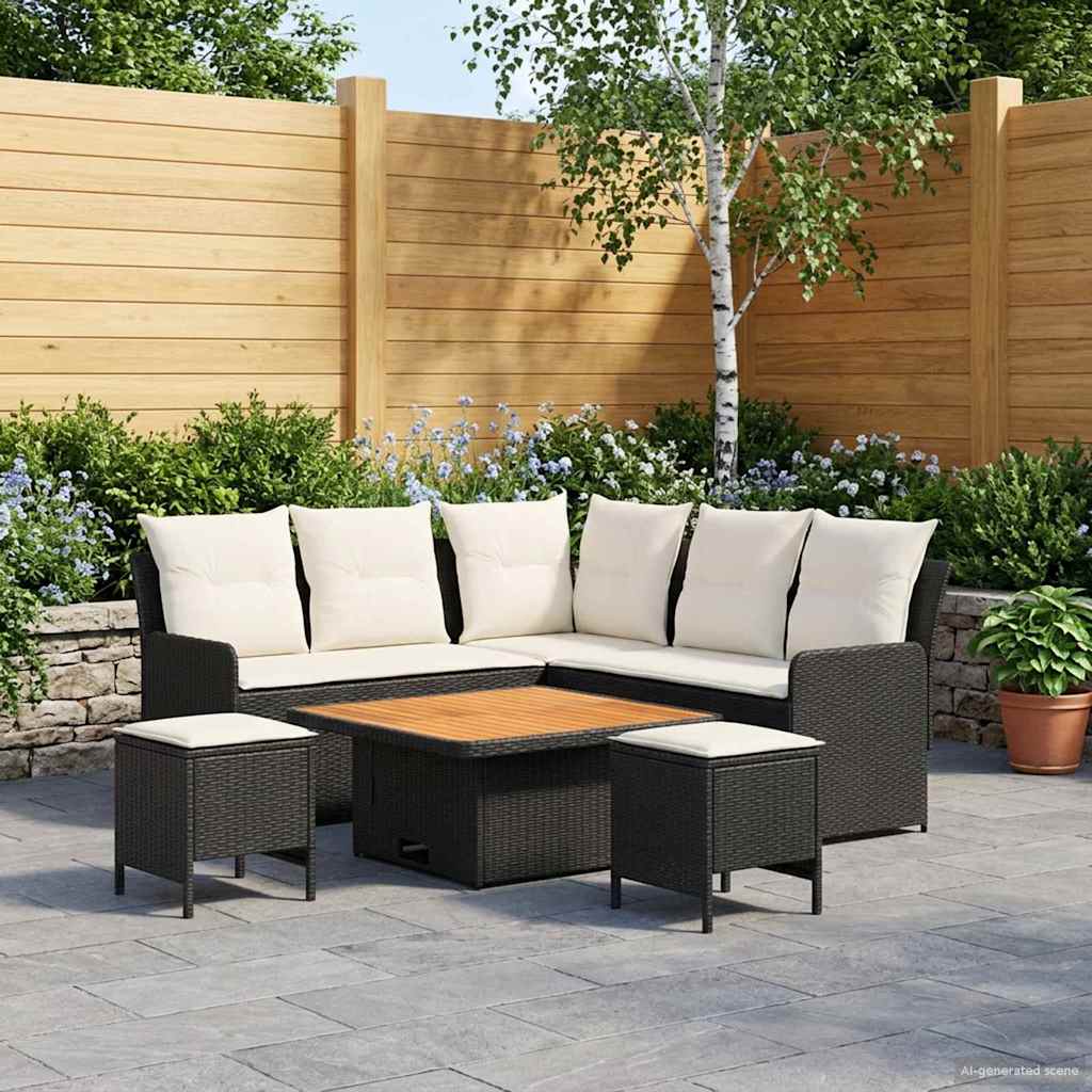 Möbelsets mit Kissen 6 pcs Schwarz und Creme PE-Rattan