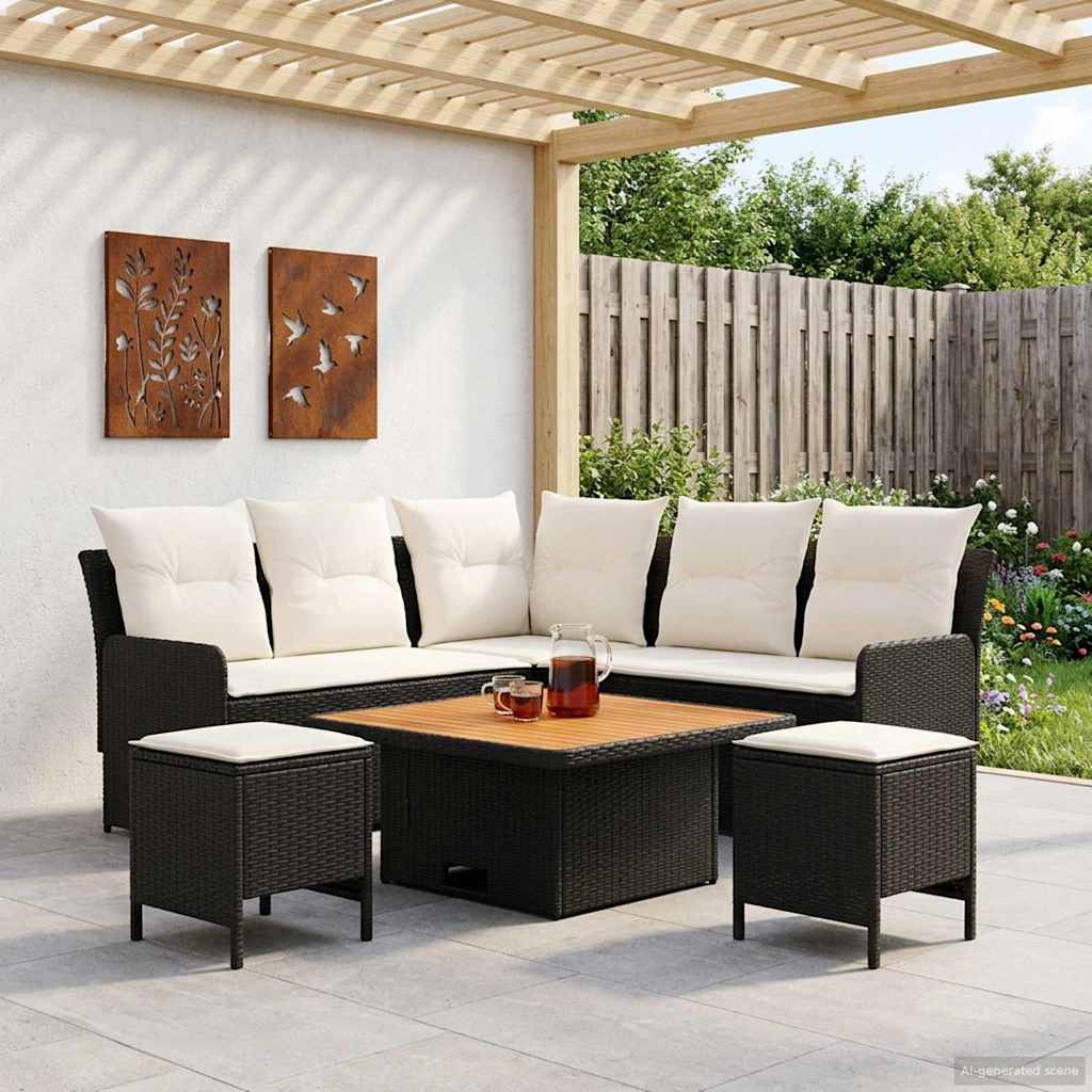Möbelsets mit Kissen 6 pcs Schwarz und Creme PE-Rattan