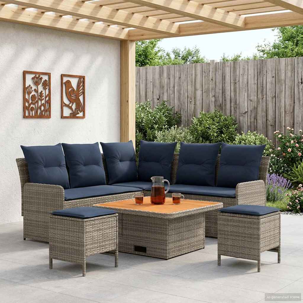 Möbelsets mit Kissen 6 pcs Grau und Marineblau PE-Rattan