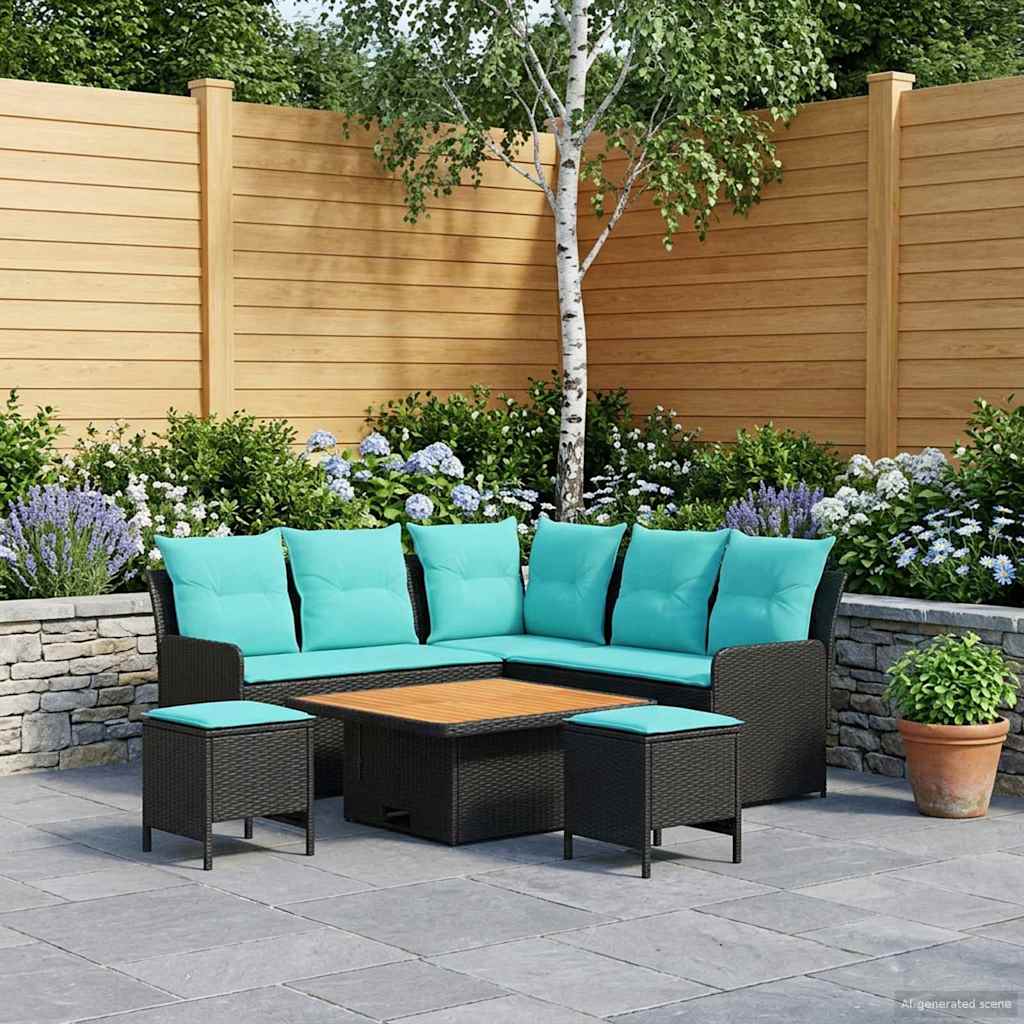 Möbelsets mit Kissen 6 pcs Schwarz und Türkis PE-Rattan