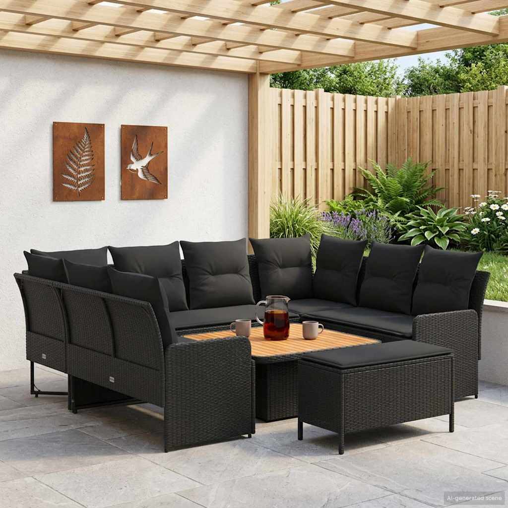 Möbelsets mit Kissen 7 pcs Schwarz PE-Rattan
